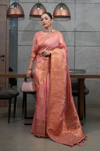 Women's Pink Devika Tussar Silk Copper Zari Woven Saree - TASARIKA
