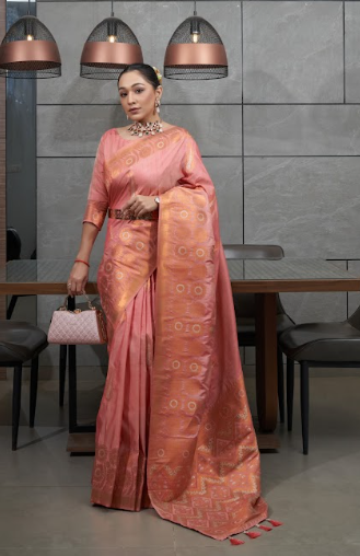 Women's Pink Devika Tussar Silk Copper Zari Woven Saree - TASARIKA