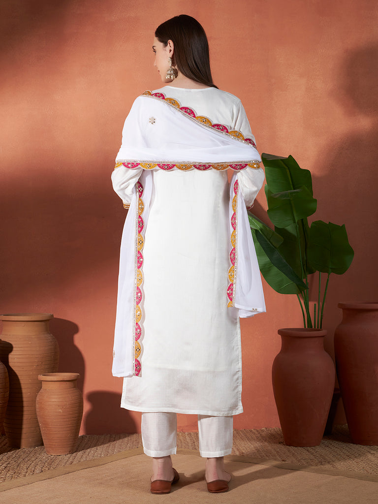 Women's White Vertigan Embroidery Work Kurta Set
