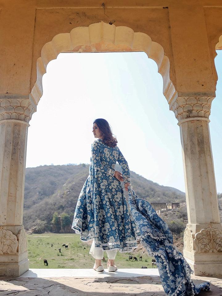 Women's Indigo Blue Cotton Anarkali Kurta Pant Set With Dupatta