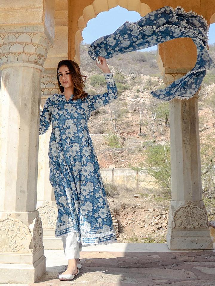 Women's Indigo Blue Cotton Anarkali Kurta Pant Set With Dupatta