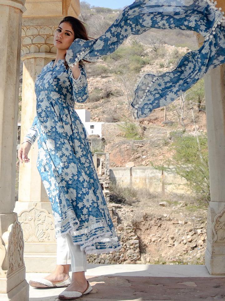 Women's Indigo Blue Cotton Anarkali Kurta Pant Set With Dupatta