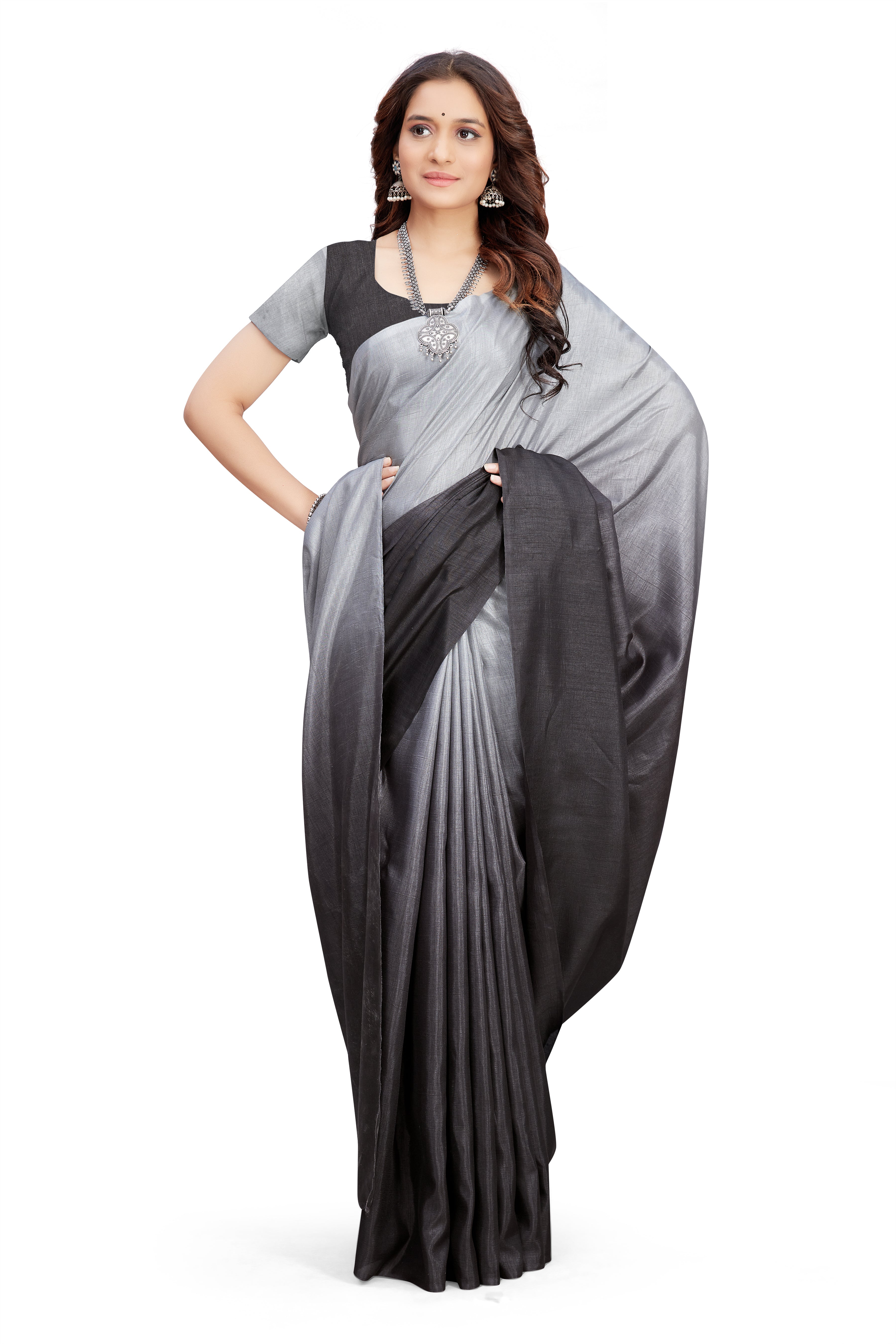 Women's self Woven Solid Textured Dual Shade Festive Wear Silk Blend Sari With Blouse Piece (Grey) - NIMIDHYA