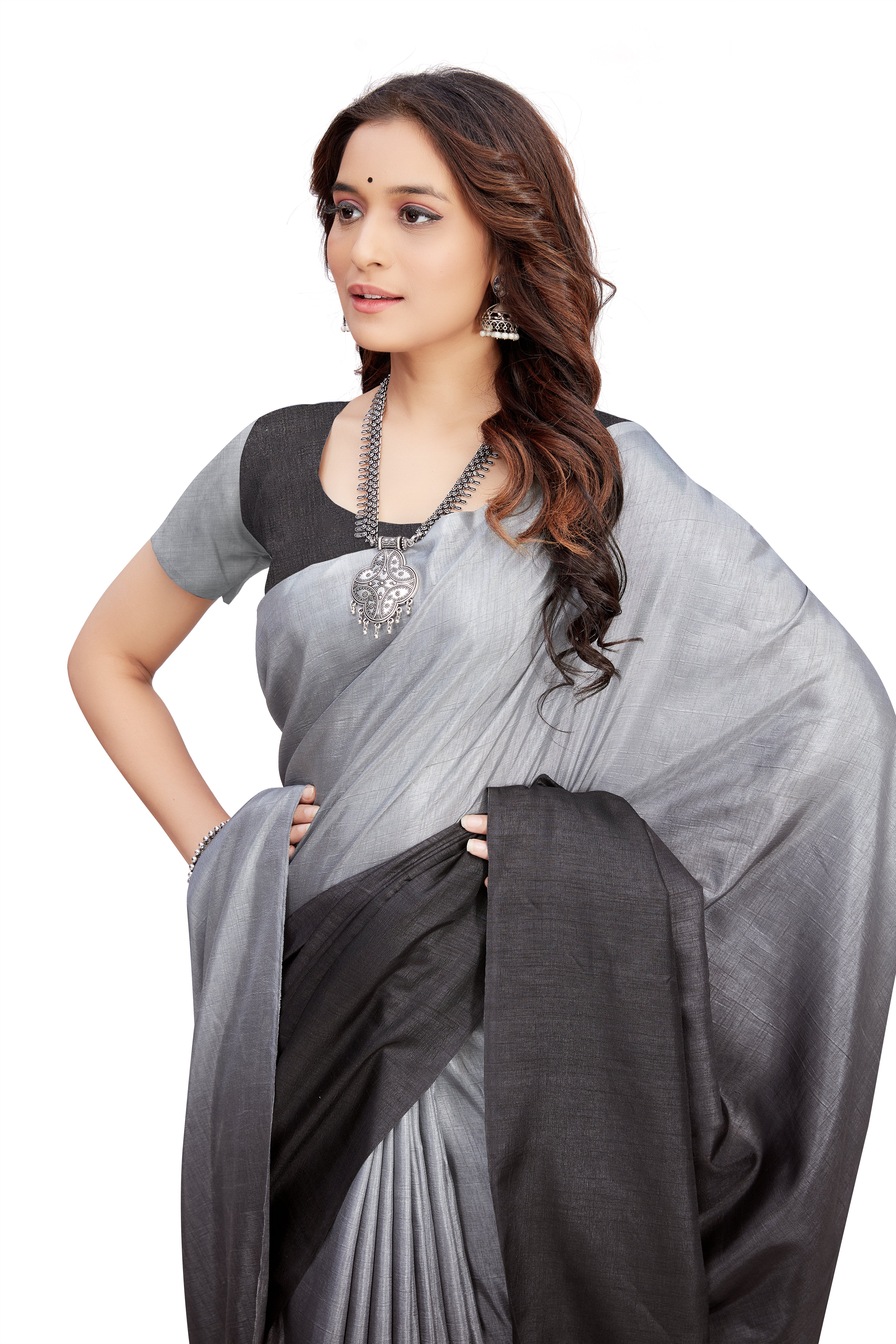 Women's self Woven Solid Textured Dual Shade Festive Wear Silk Blend Sari With Blouse Piece (Grey) - NIMIDHYA