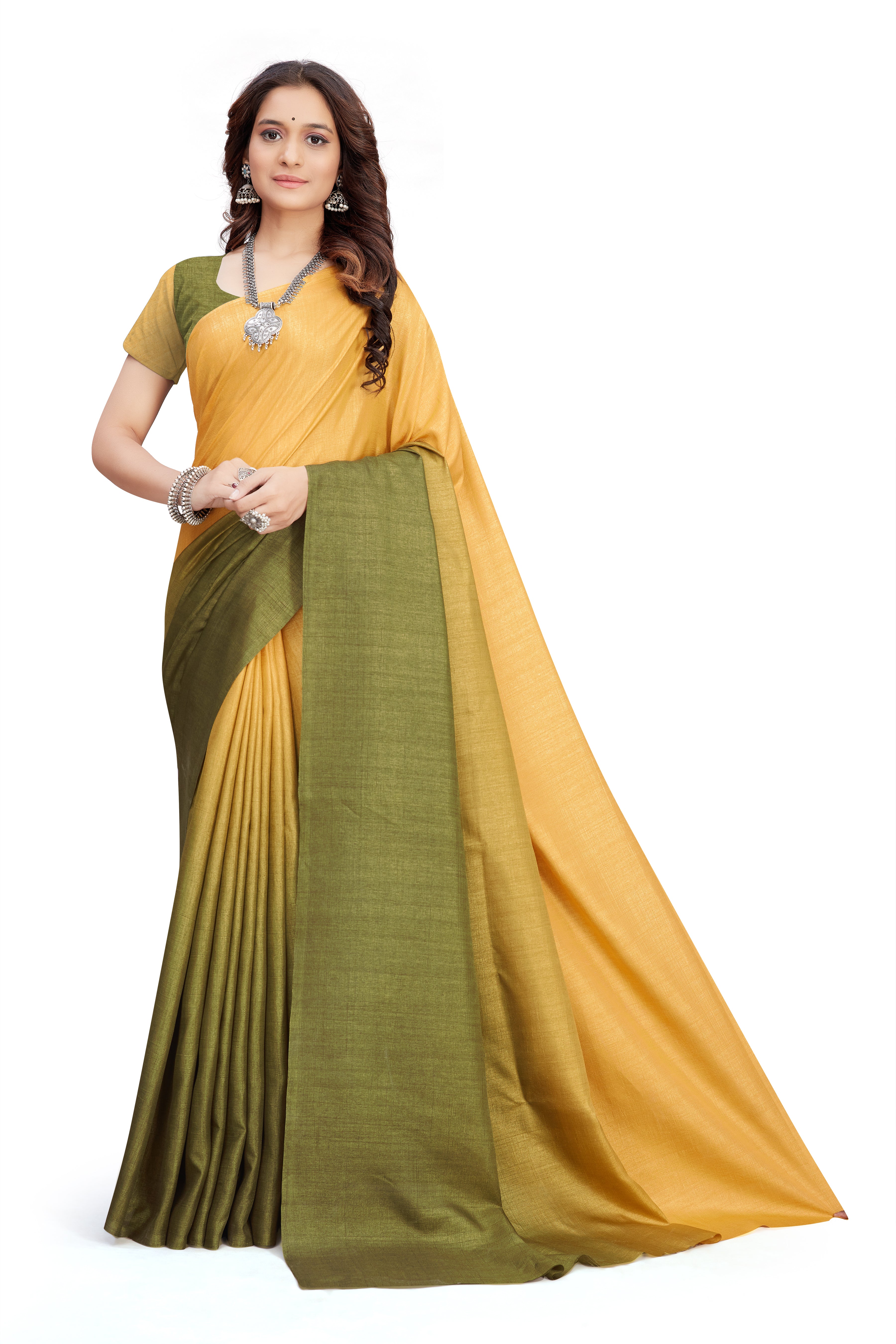 Women's self Woven Solid Textured Dual Shade Festive Wear Silk Blend Sari With Blouse Piece (Mustard) - NIMIDHYA