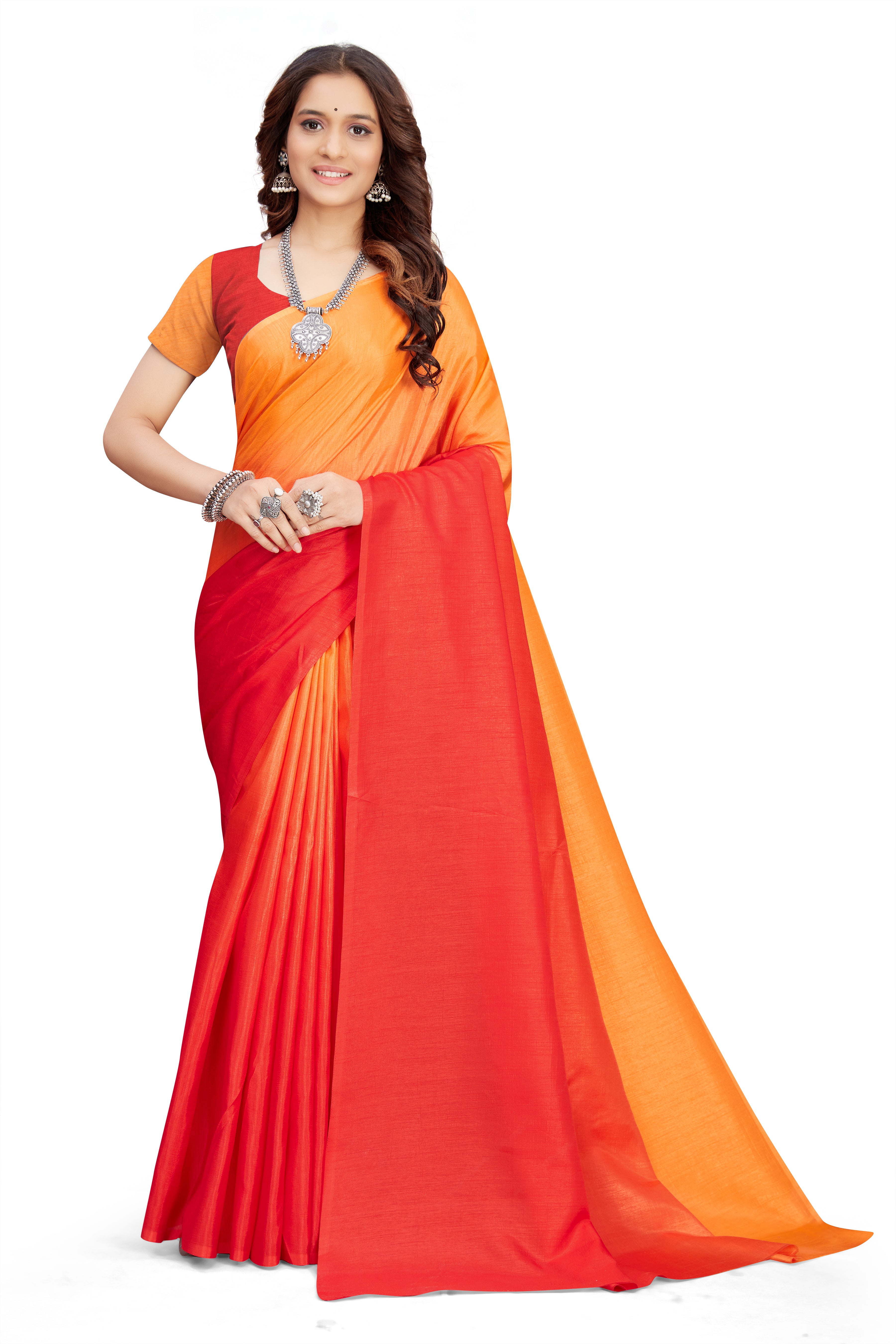 Women's self Woven Solid Textured Dual Shade Festive Wear Silk Blend Sari With Blouse Piece (Orange) - NIMIDHYA