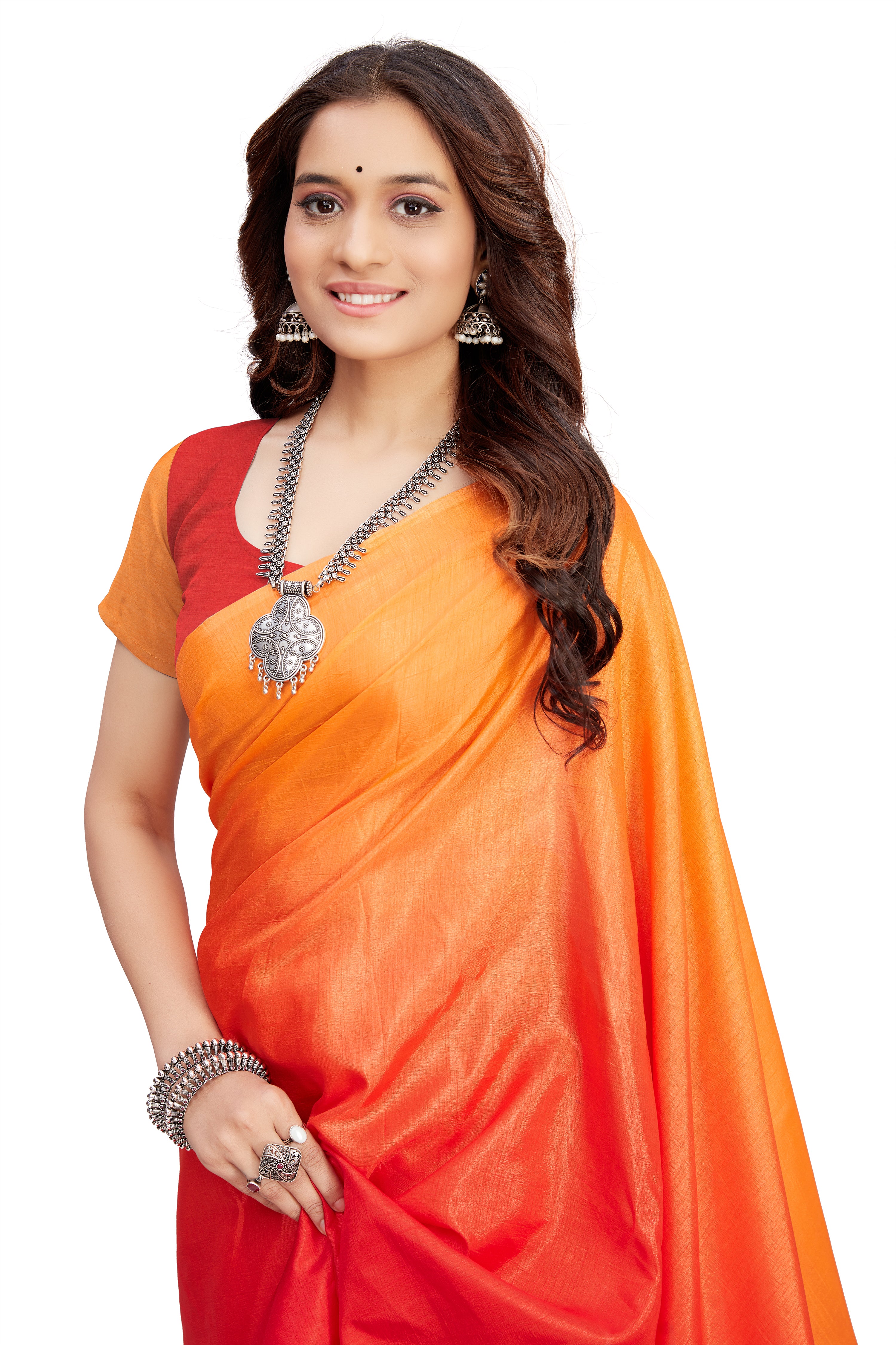 Women's self Woven Solid Textured Dual Shade Festive Wear Silk Blend Sari With Blouse Piece (Orange) - NIMIDHYA