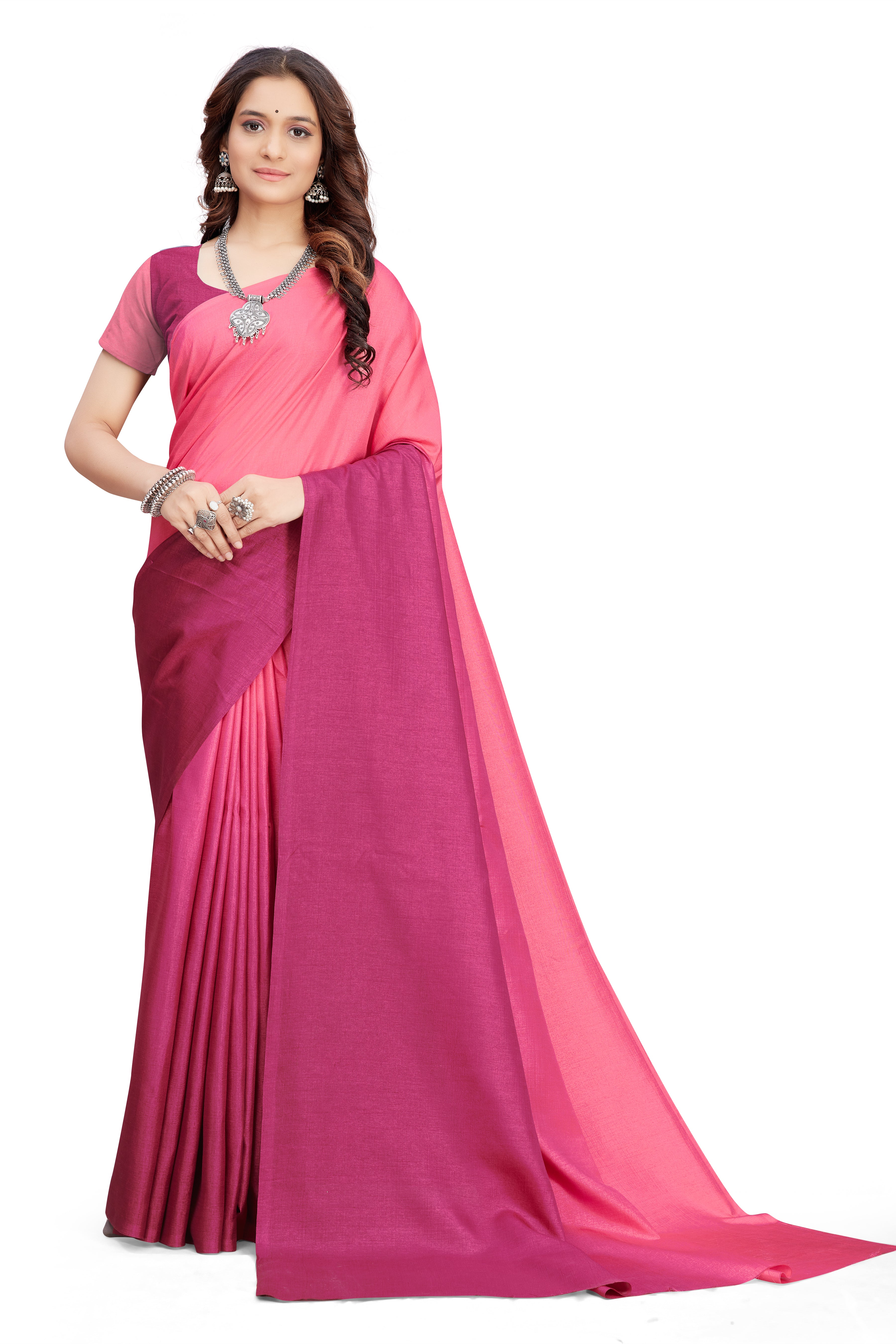 Women's self Woven Solid Textured Dual Shade Festive Wear Silk Blend Sari With Blouse Piece (Pink) - NIMIDHYA