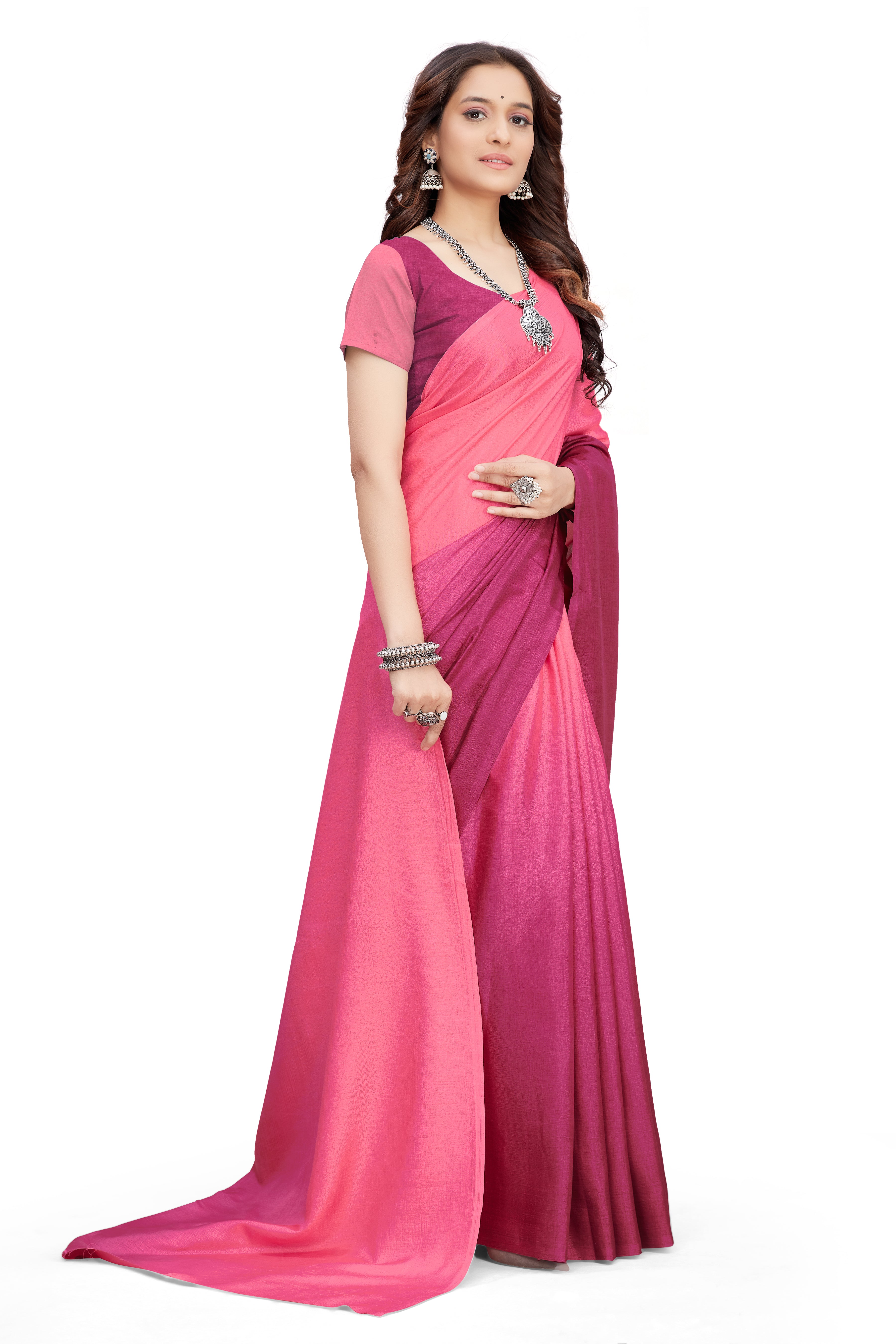 Women's self Woven Solid Textured Dual Shade Festive Wear Silk Blend Sari With Blouse Piece (Pink) - NIMIDHYA