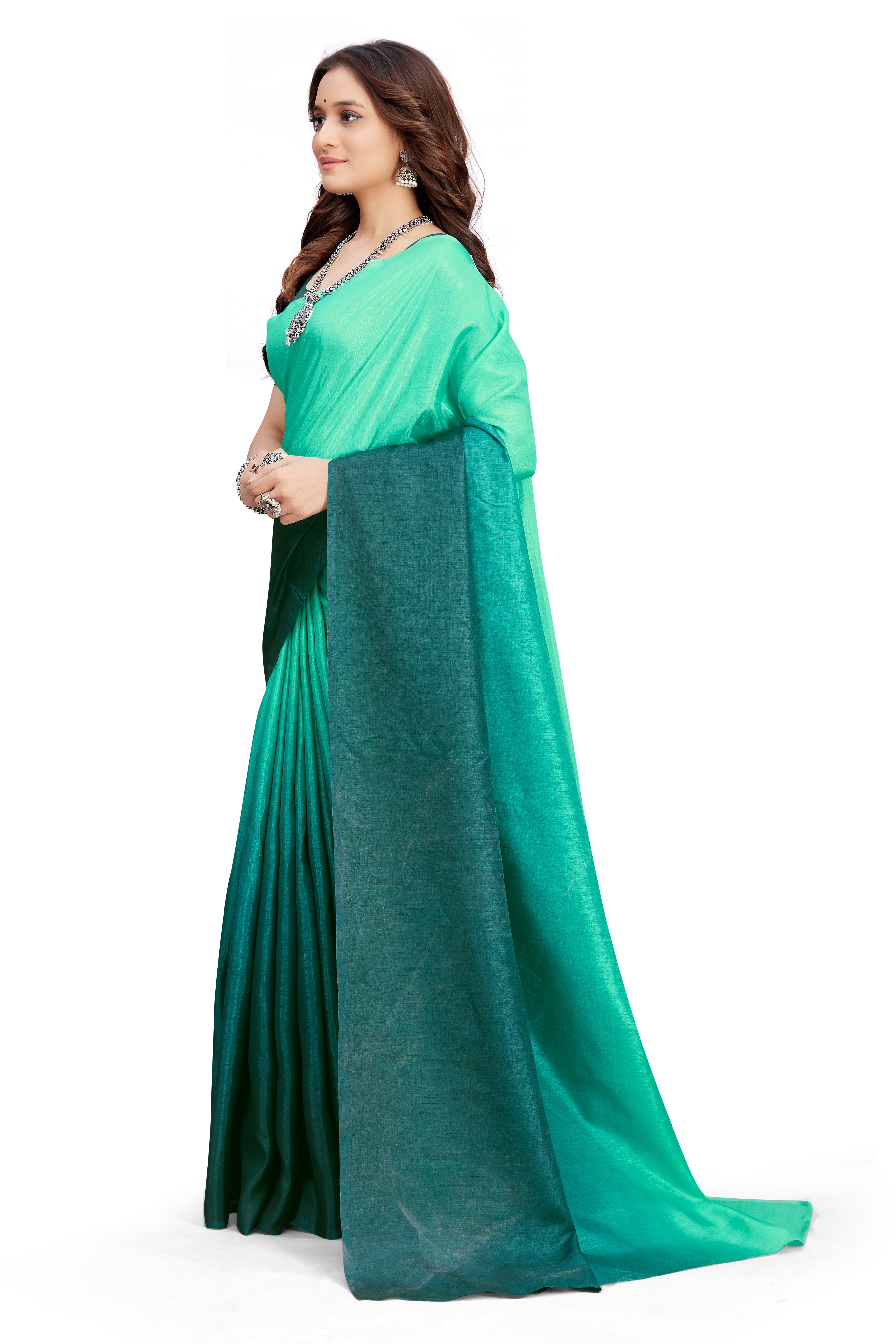 Women's self Woven Solid Textured Dual Shade Festive Wear Silk Blend Sari With Blouse Piece (Rama) - NIMIDHYA