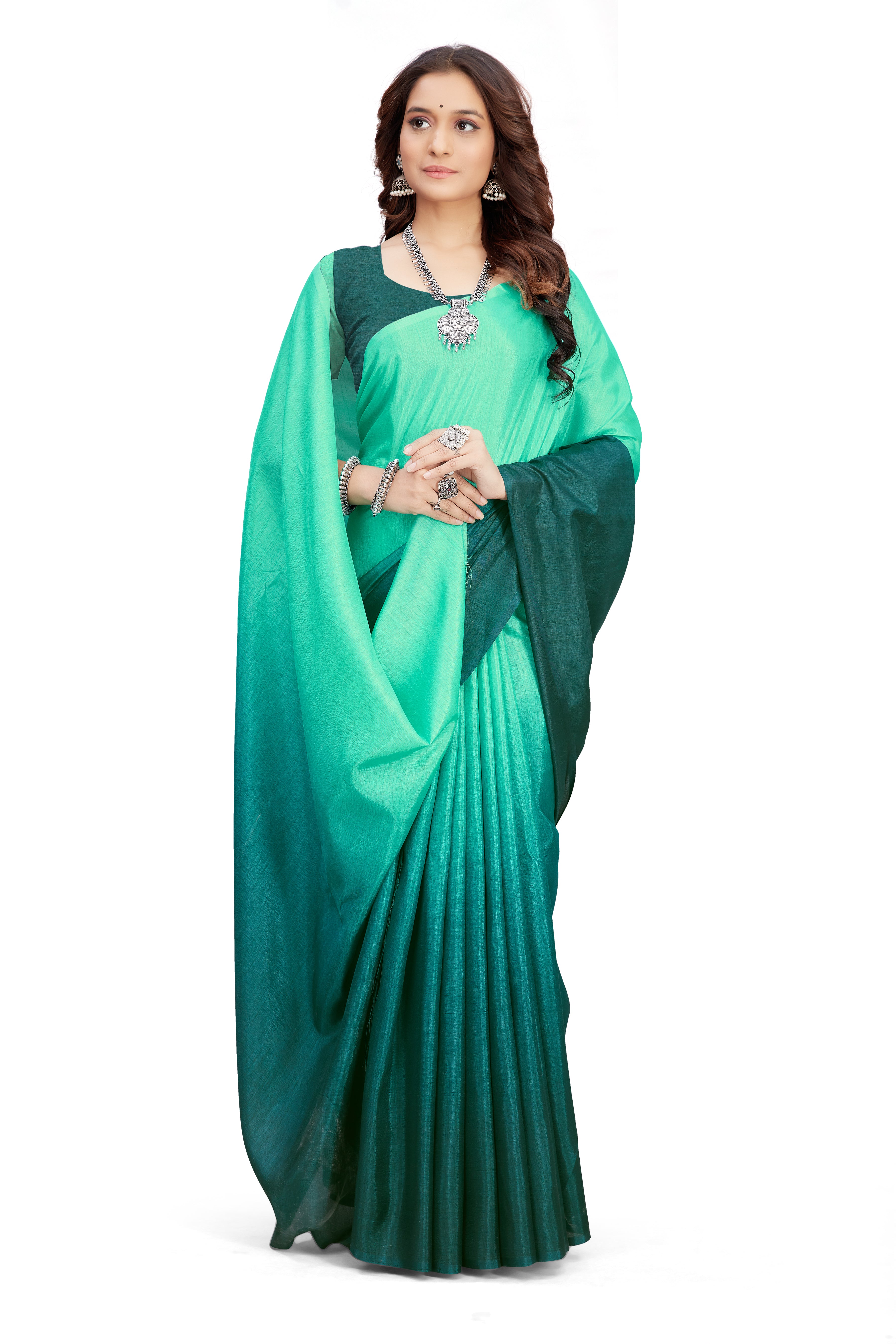Women's self Woven Solid Textured Dual Shade Festive Wear Silk Blend Sari With Blouse Piece (Rama) - NIMIDHYA