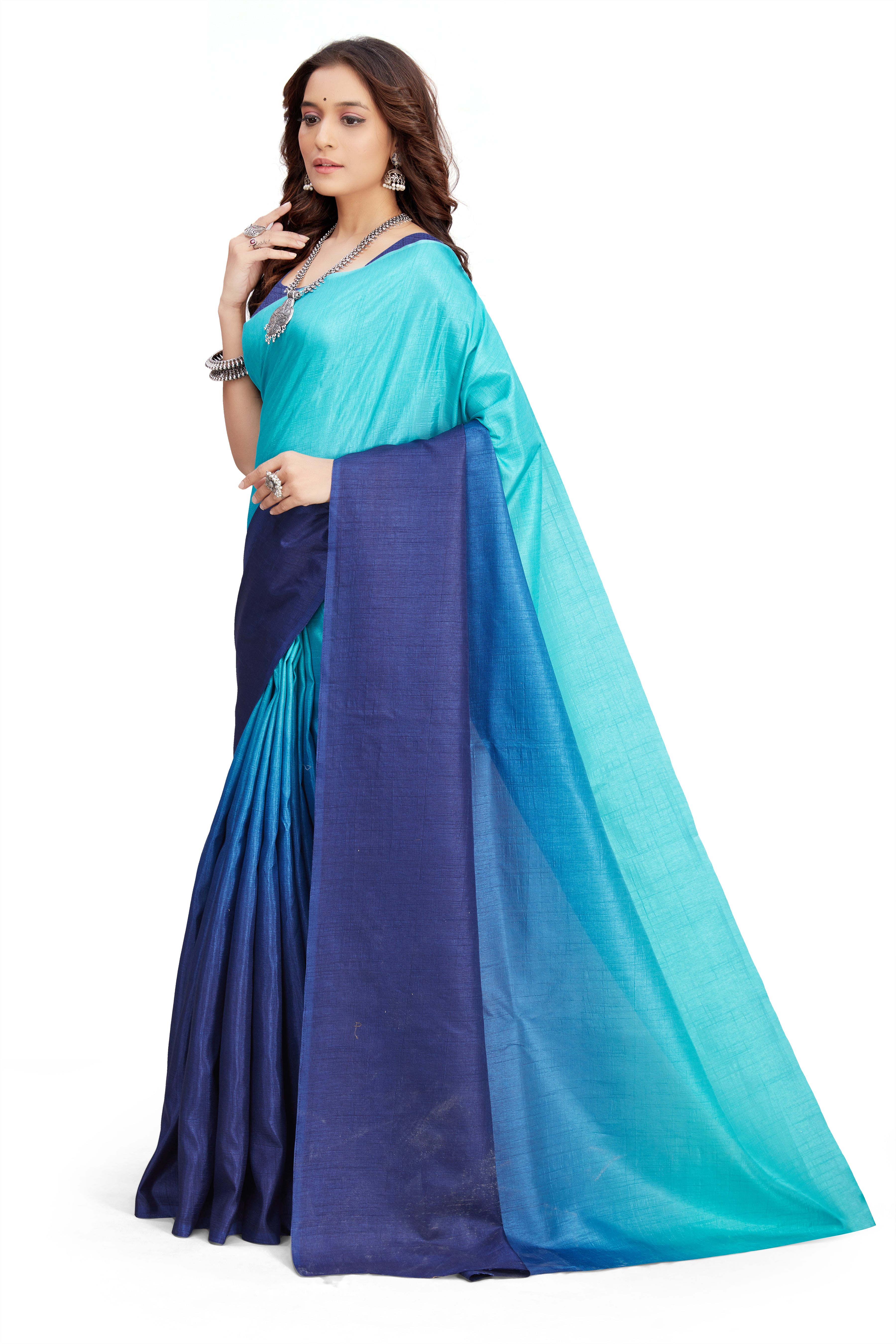 Women's self Woven Solid Textured Dual Shade Festive Wear Silk Blend Sari With Blouse Piece (Royal Blue) - NIMIDHYA