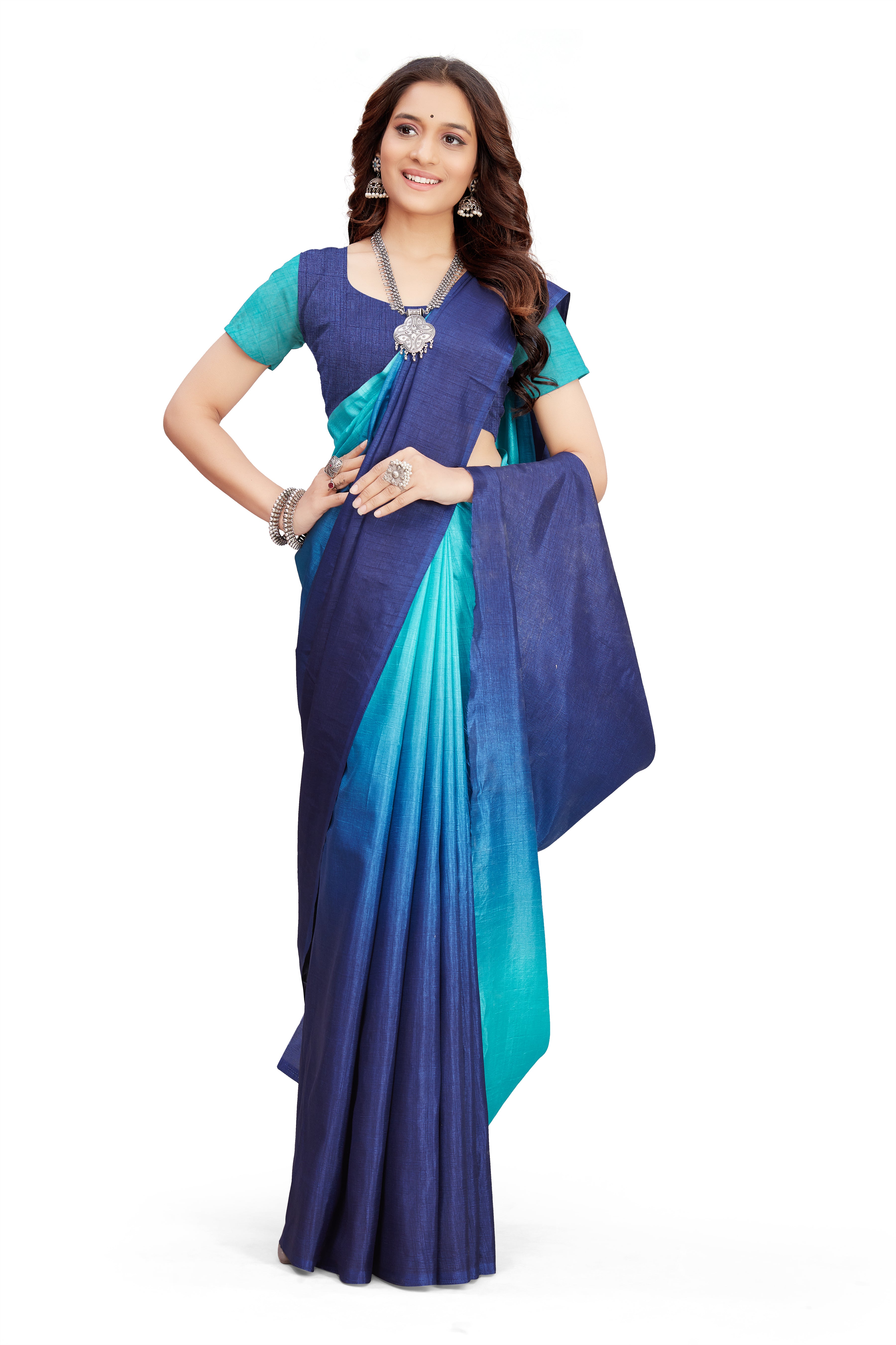 Women's self Woven Solid Textured Dual Shade Festive Wear Silk Blend Sari With Blouse Piece (Royal Blue) - NIMIDHYA