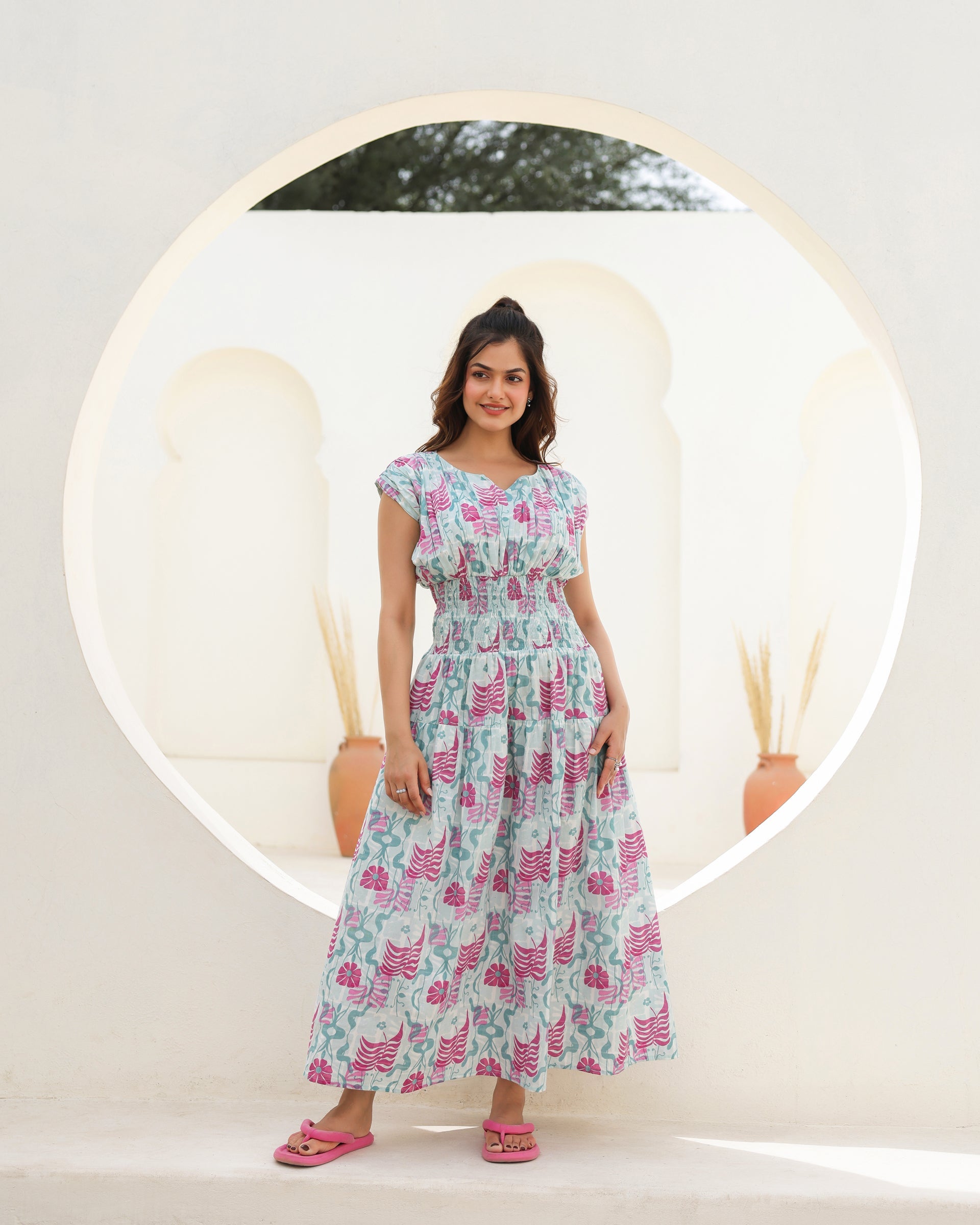 Women's Aqua Bloom Smocked Midi Dress