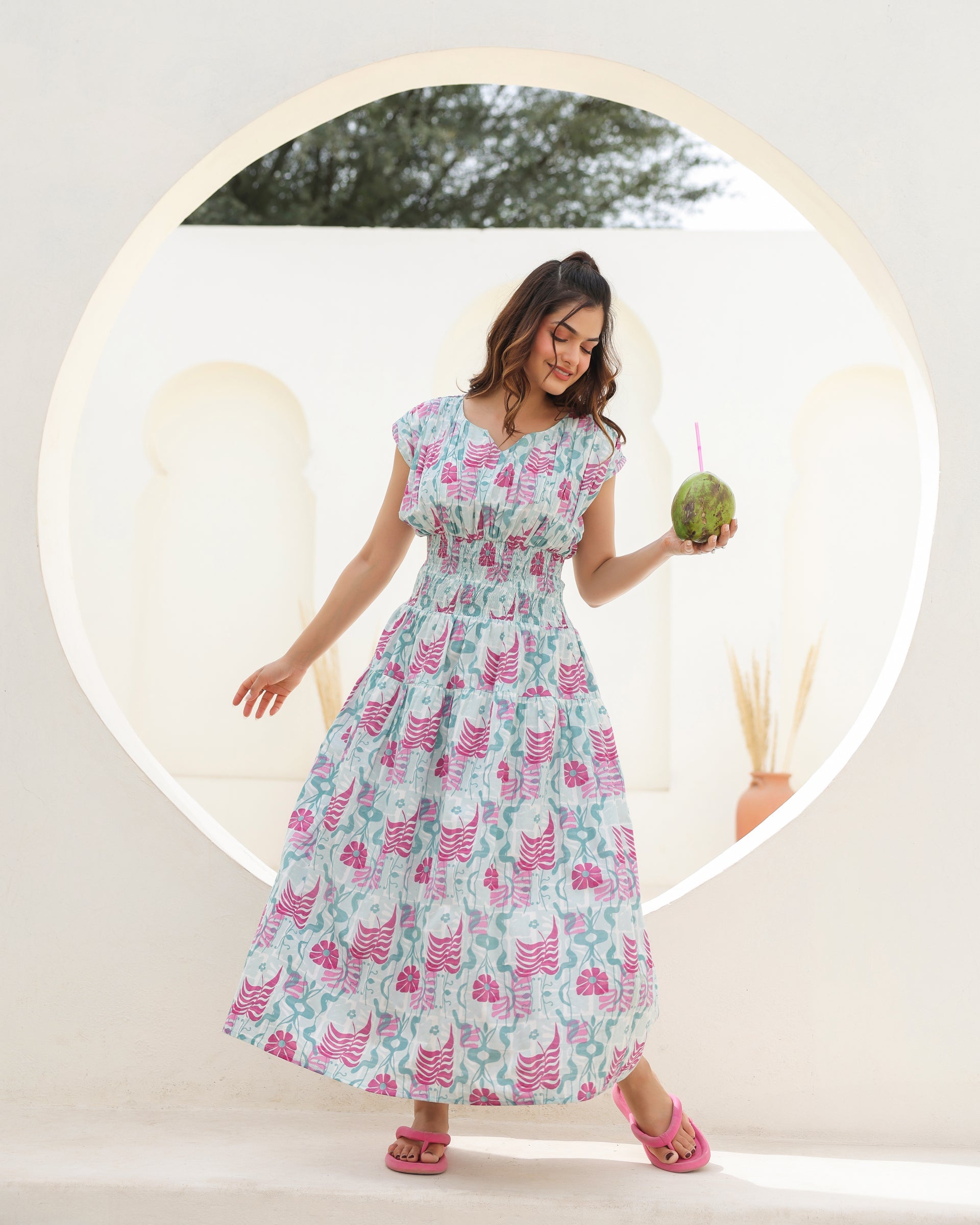 Women's Aqua Bloom Smocked Midi Dress