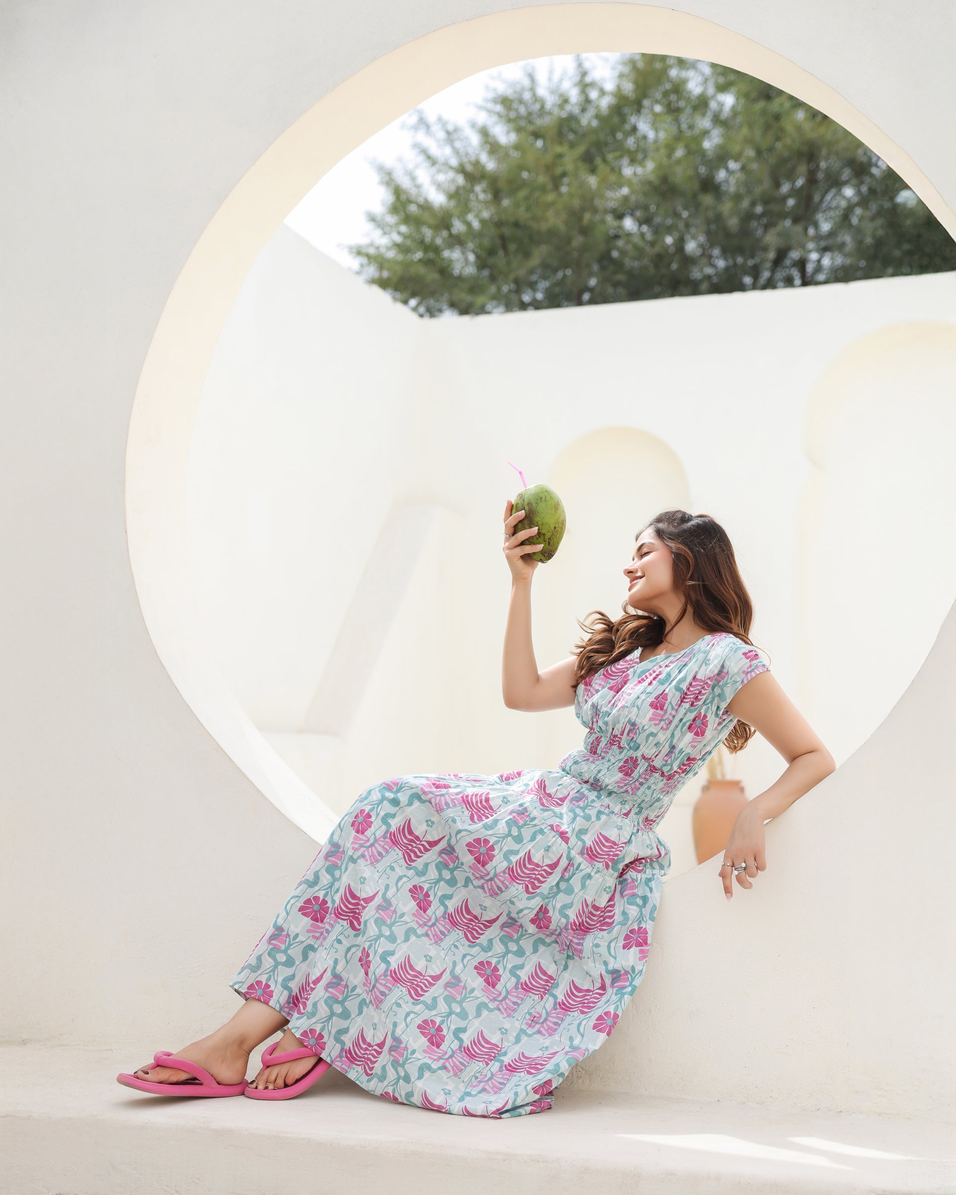 Women's Aqua Bloom Smocked Midi Dress
