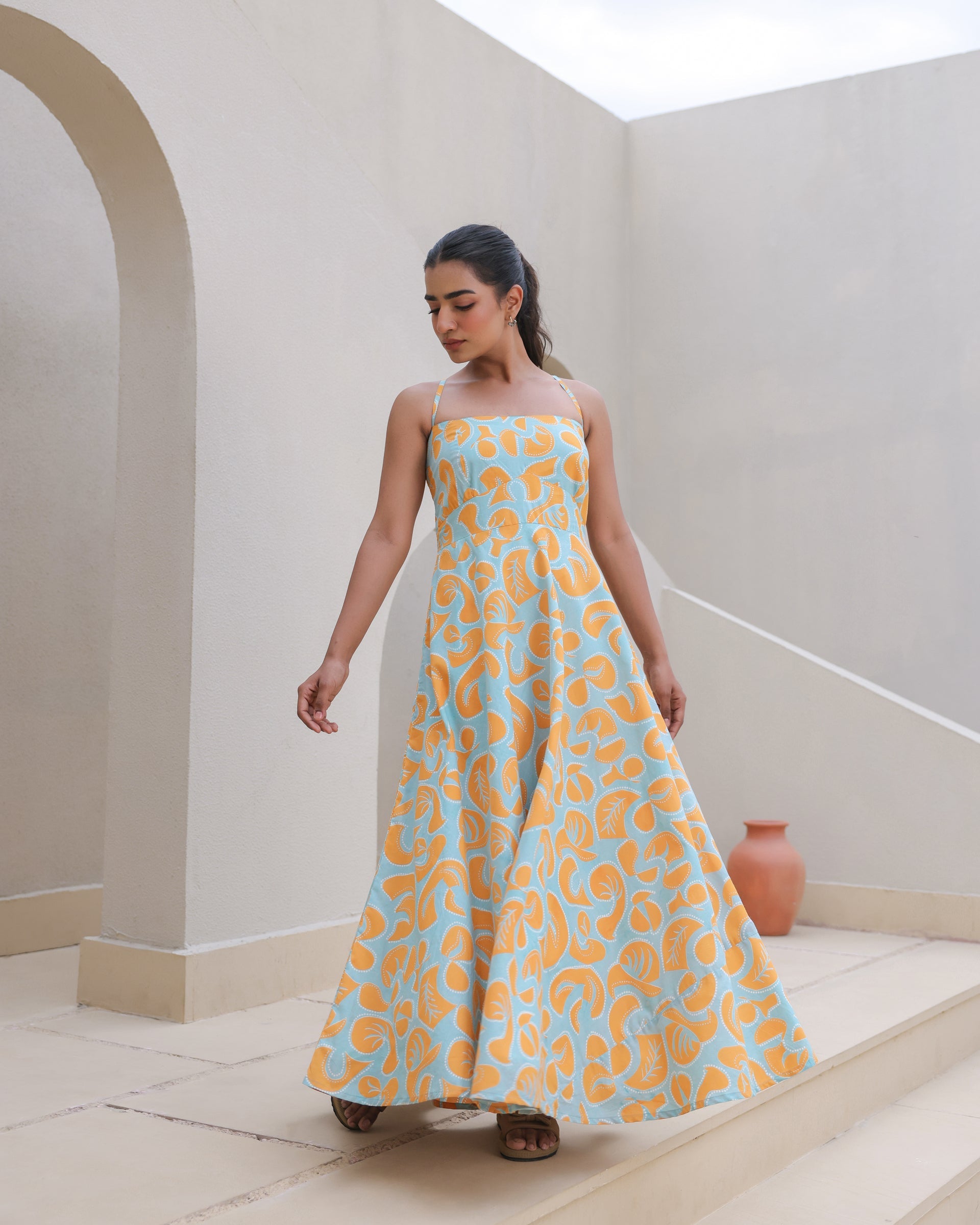 Women's Citrus Pop Leaf Print Spaghetti Strap Flared Dress