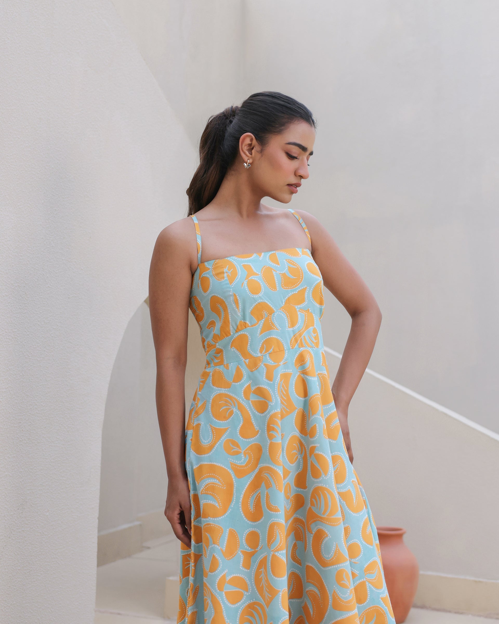 Women's Citrus Pop Leaf Print Spaghetti Strap Flared Dress