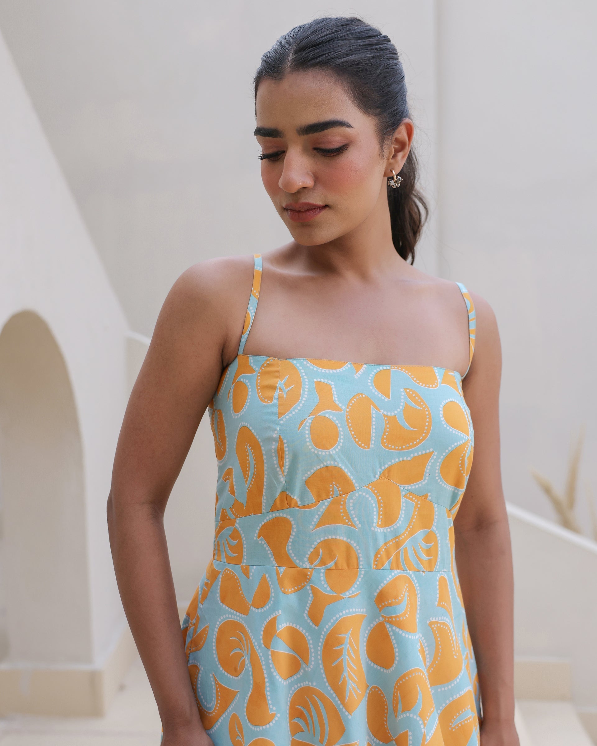 Women's Citrus Pop Leaf Print Spaghetti Strap Flared Dress