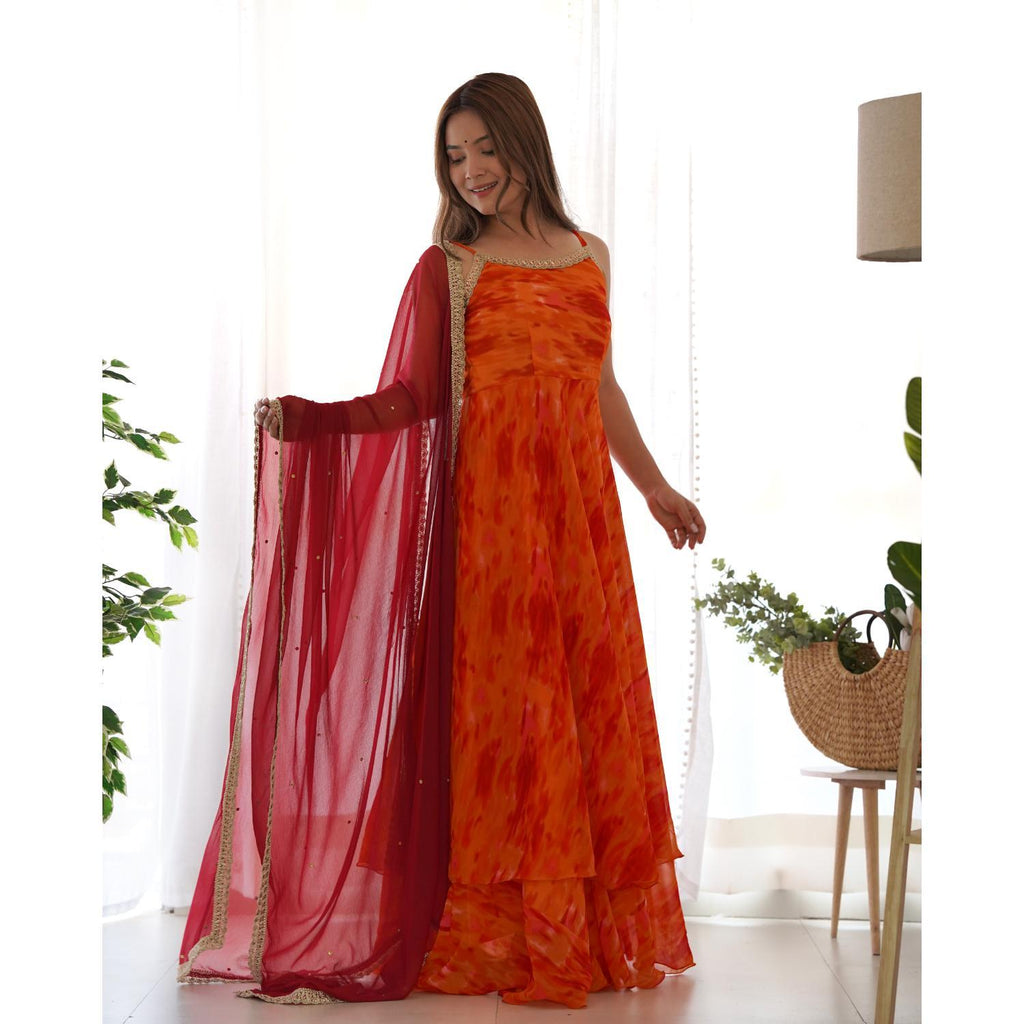 Women's Orange And Red Bandhani Anarkali Kurta With Dupatta