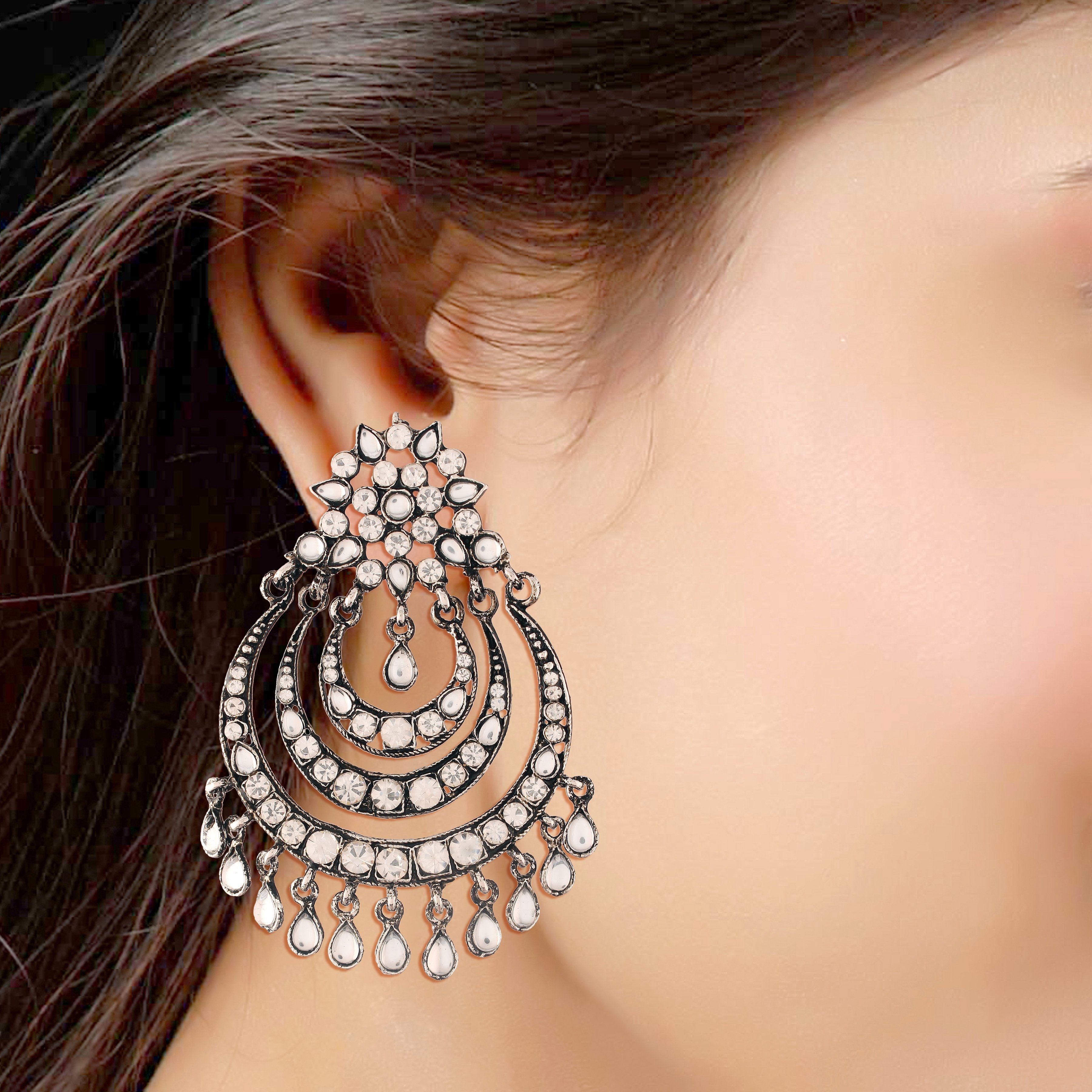 Women's  Silver Oxidised Traditional Stone Studded Chandbali Earrings