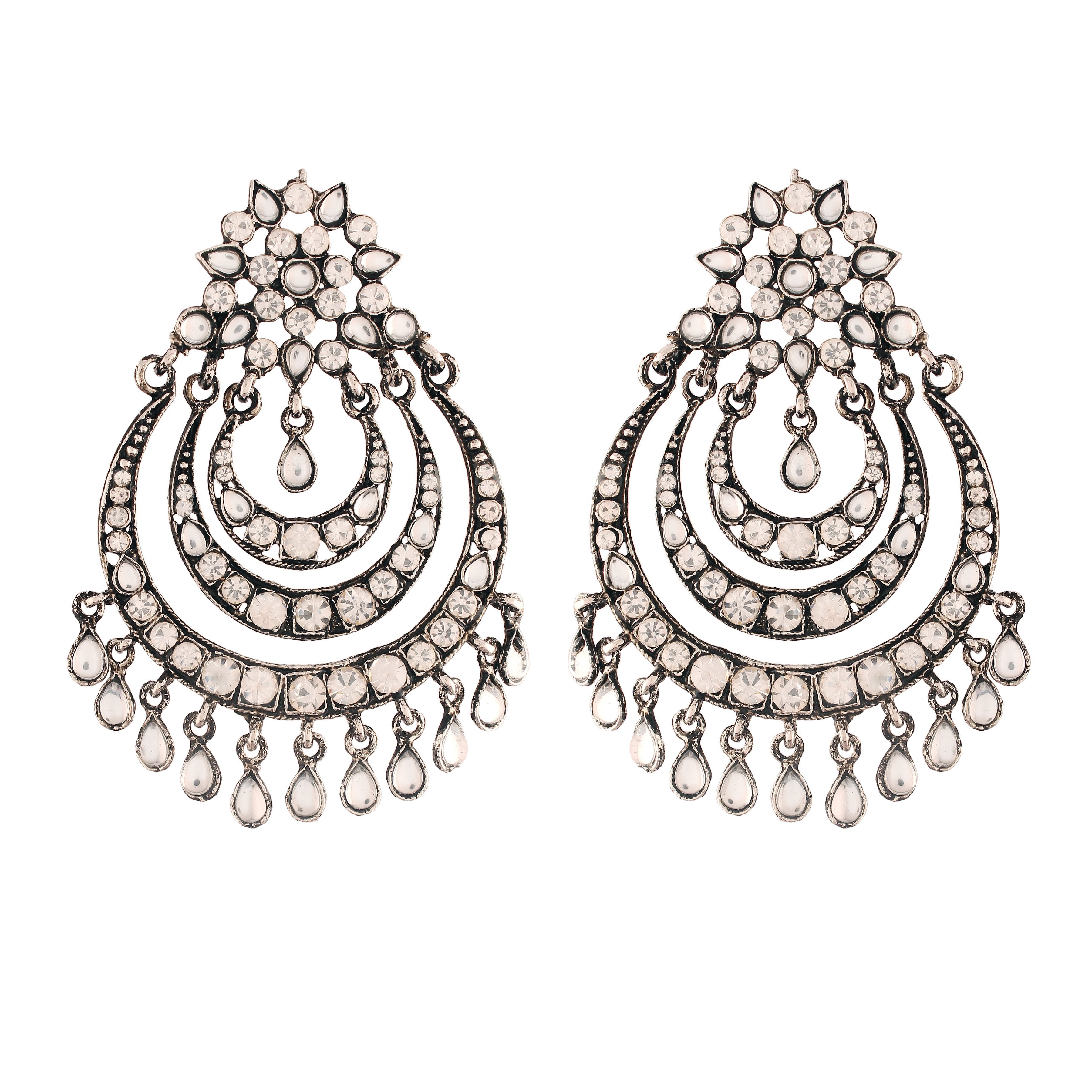 Women's  Silver Oxidised Traditional Stone Studded Chandbali Earrings