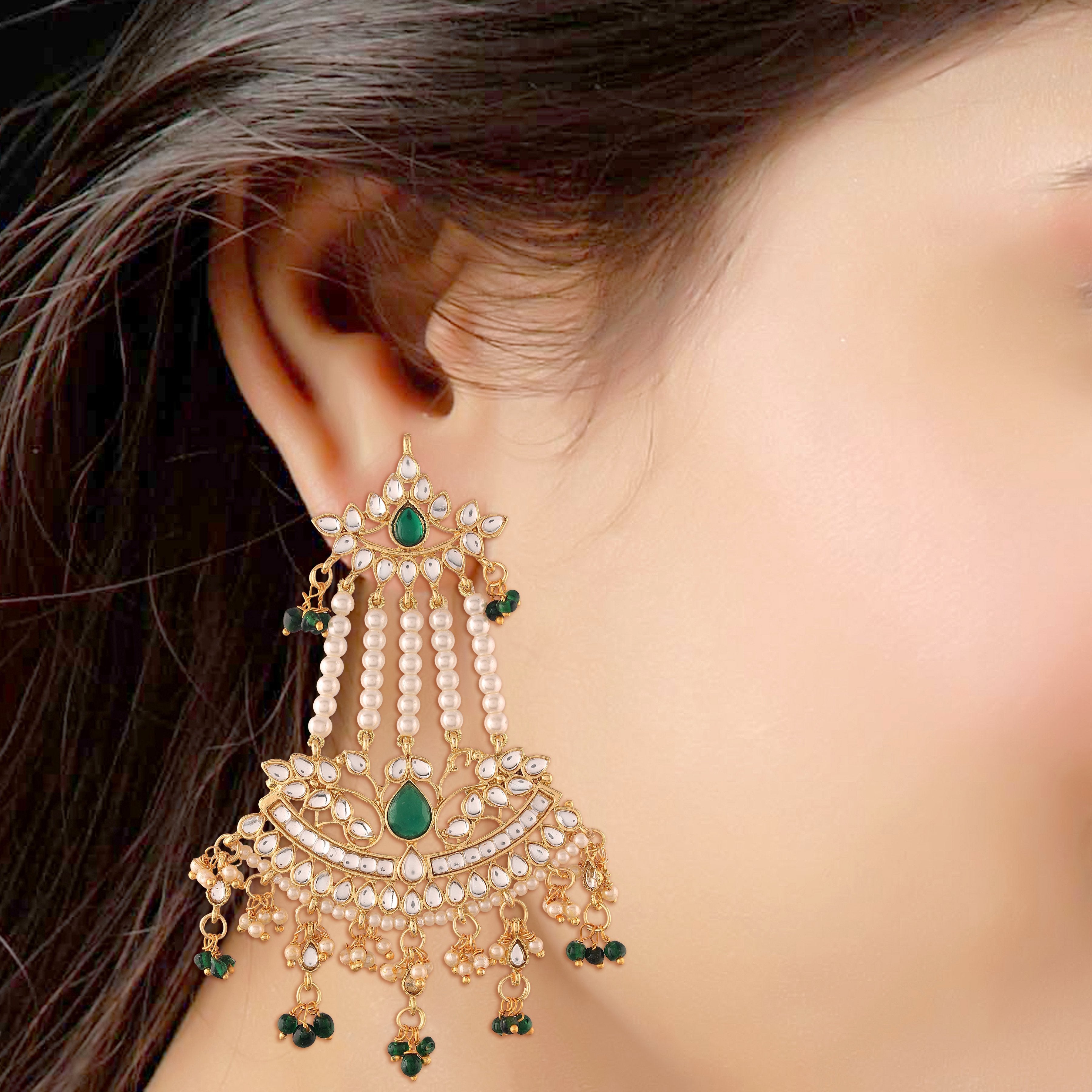 Women's  Gold Plated Traditional Kundan & Pearl Dangler Drop Paasa Green Earrings