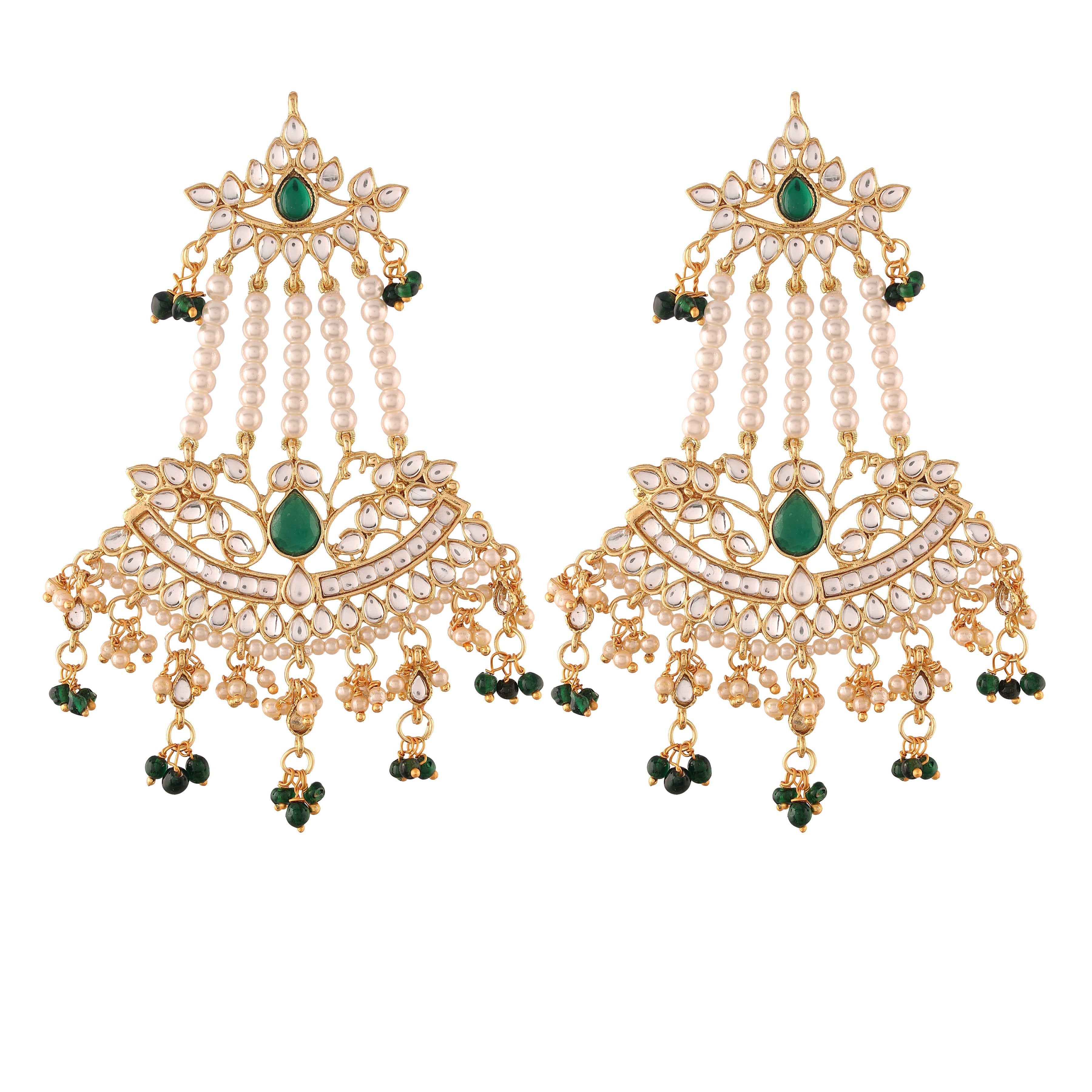 Women's  Gold Plated Traditional Kundan & Pearl Dangler Drop Paasa Green Earrings