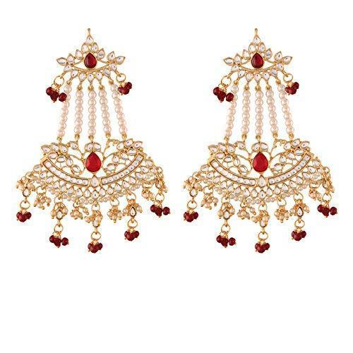 Women Golden Traditional Kundan & Pearl Dangler Drop Maroon Earrings by I Jewels (1 Pai
