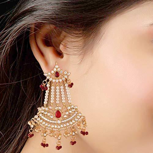 Women Golden Traditional Kundan & Pearl Dangler Drop Maroon Earrings by I Jewels (1 Pai