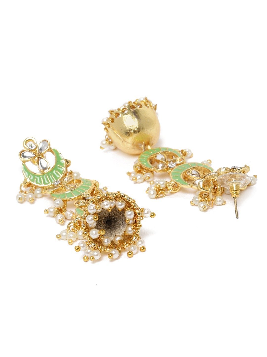 Women's Gold Plated 3 Layered Long Jhumki Earrings With Mint Enamel Glided