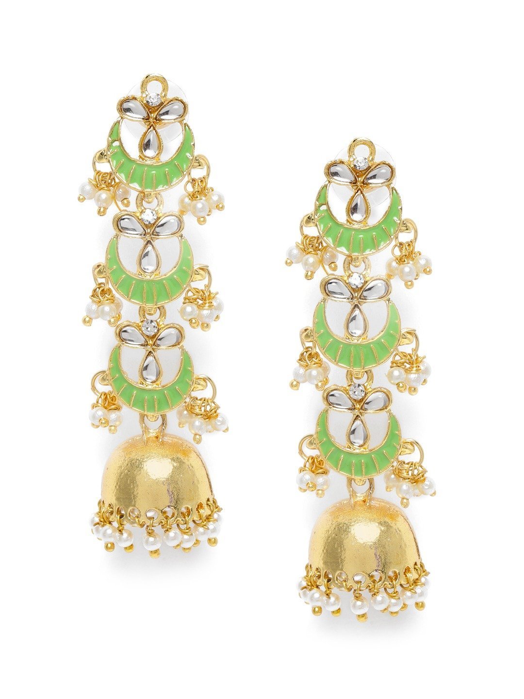 Women's Gold Plated 3 Layered Long Jhumki Earrings With Mint Enamel Glided