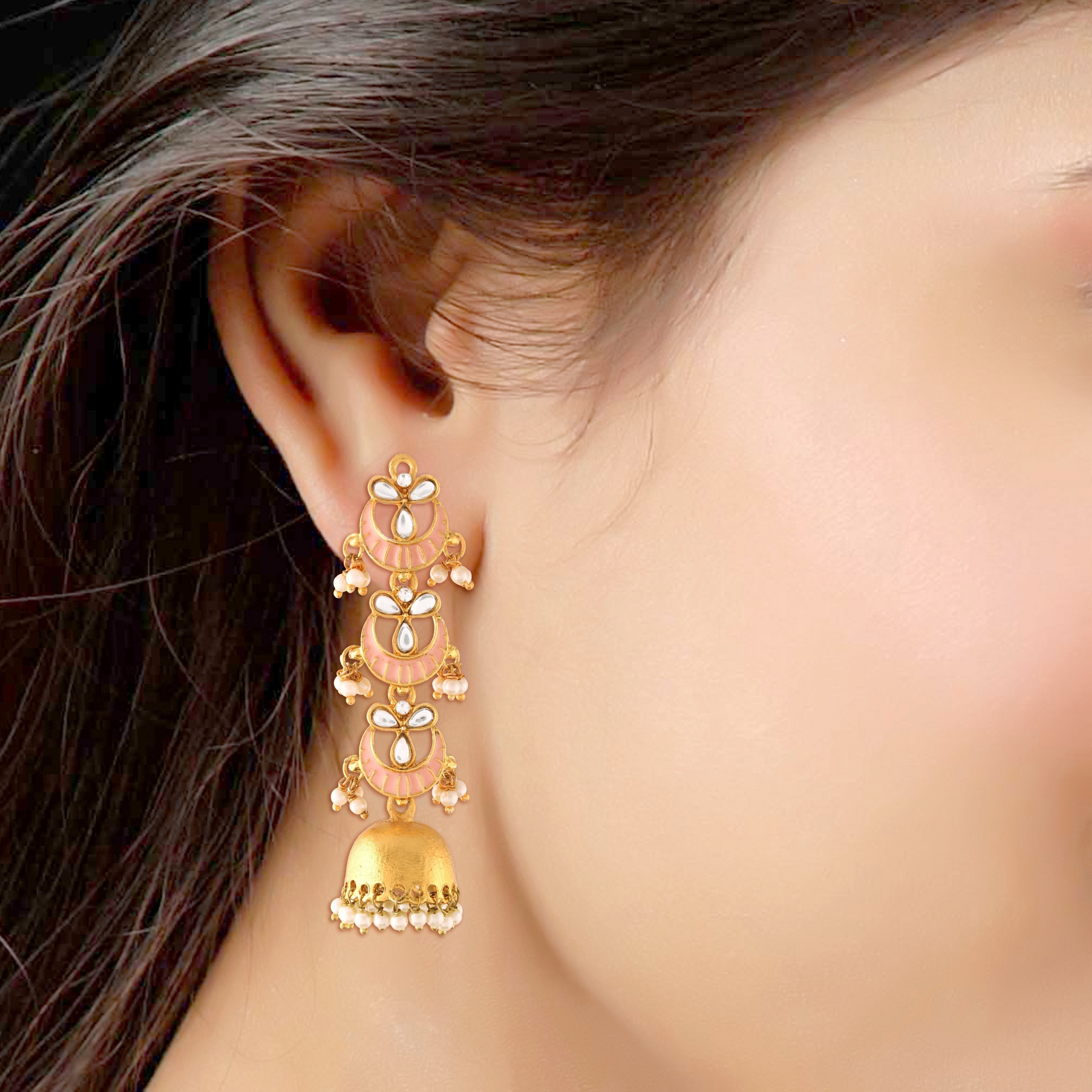 Women's  Gold Plated 3 Layered Long Jhumki Earrings With Pink Enamel Glided With Kundans & Pearls