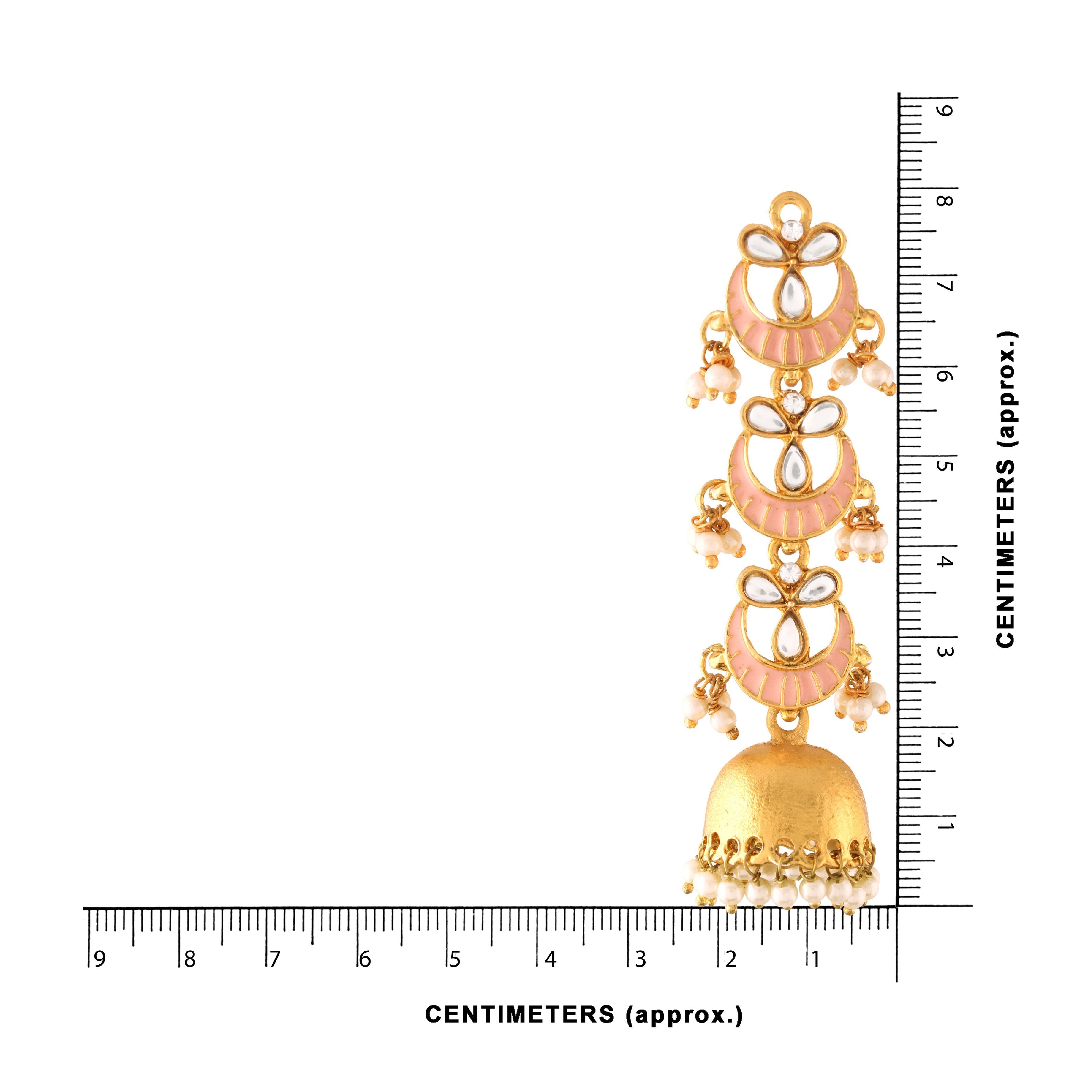 Women's  Gold Plated 3 Layered Long Jhumki Earrings With Pink Enamel Glided With Kundans & Pearls