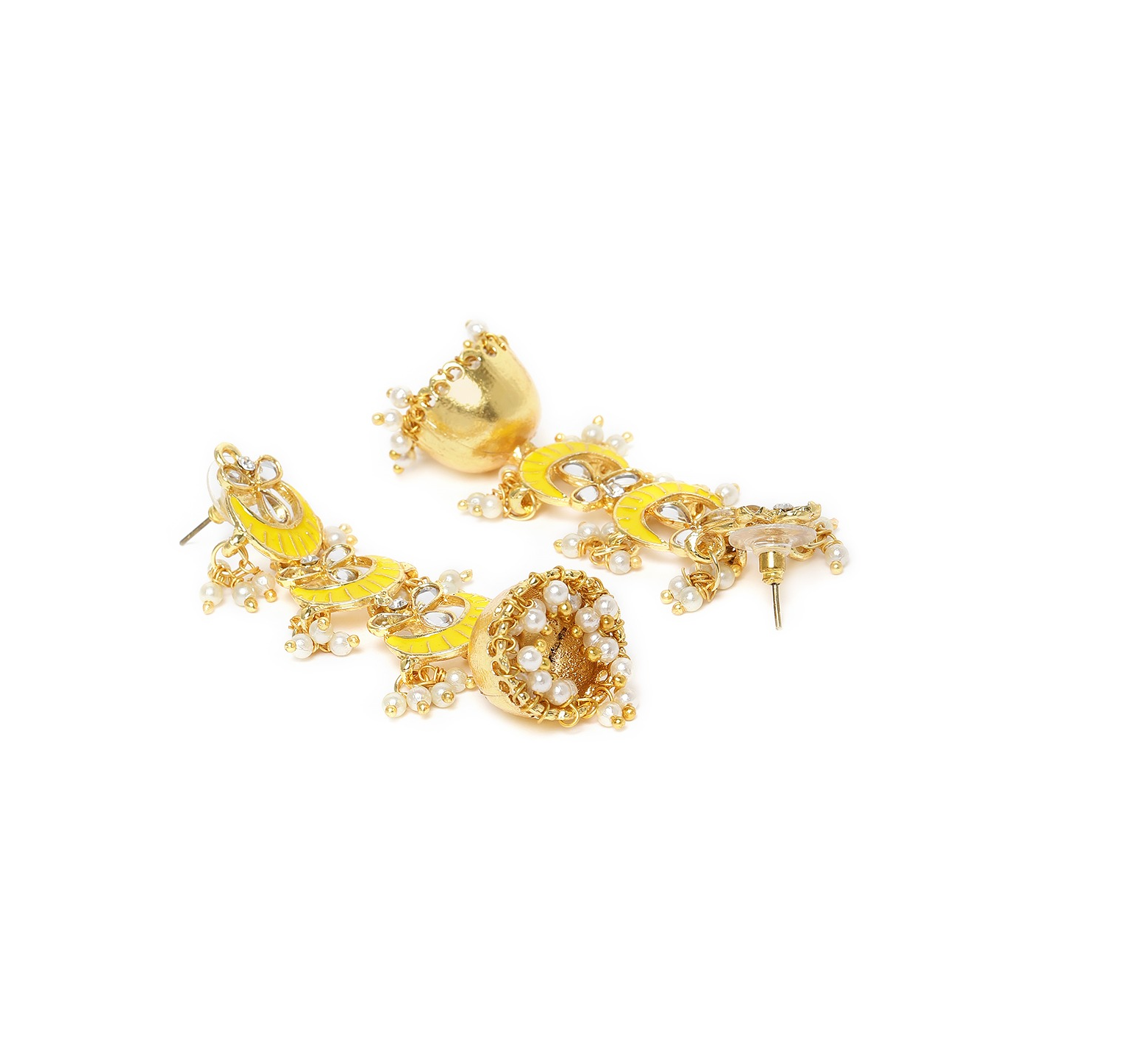 Women's  Gold Plated 3 Layered Long Jhumki Earrings With Yellow Enamel Glided With Kundans & Pearls
