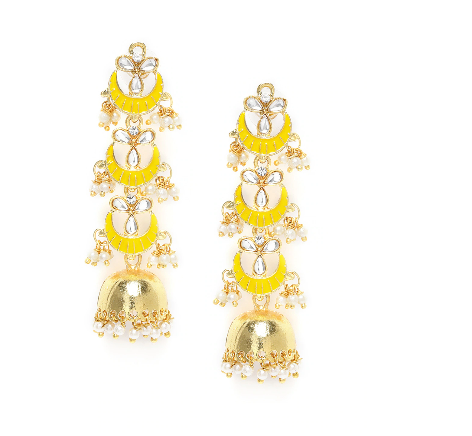 Women's  Gold Plated 3 Layered Long Jhumki Earrings With Yellow Enamel Glided With Kundans & Pearls