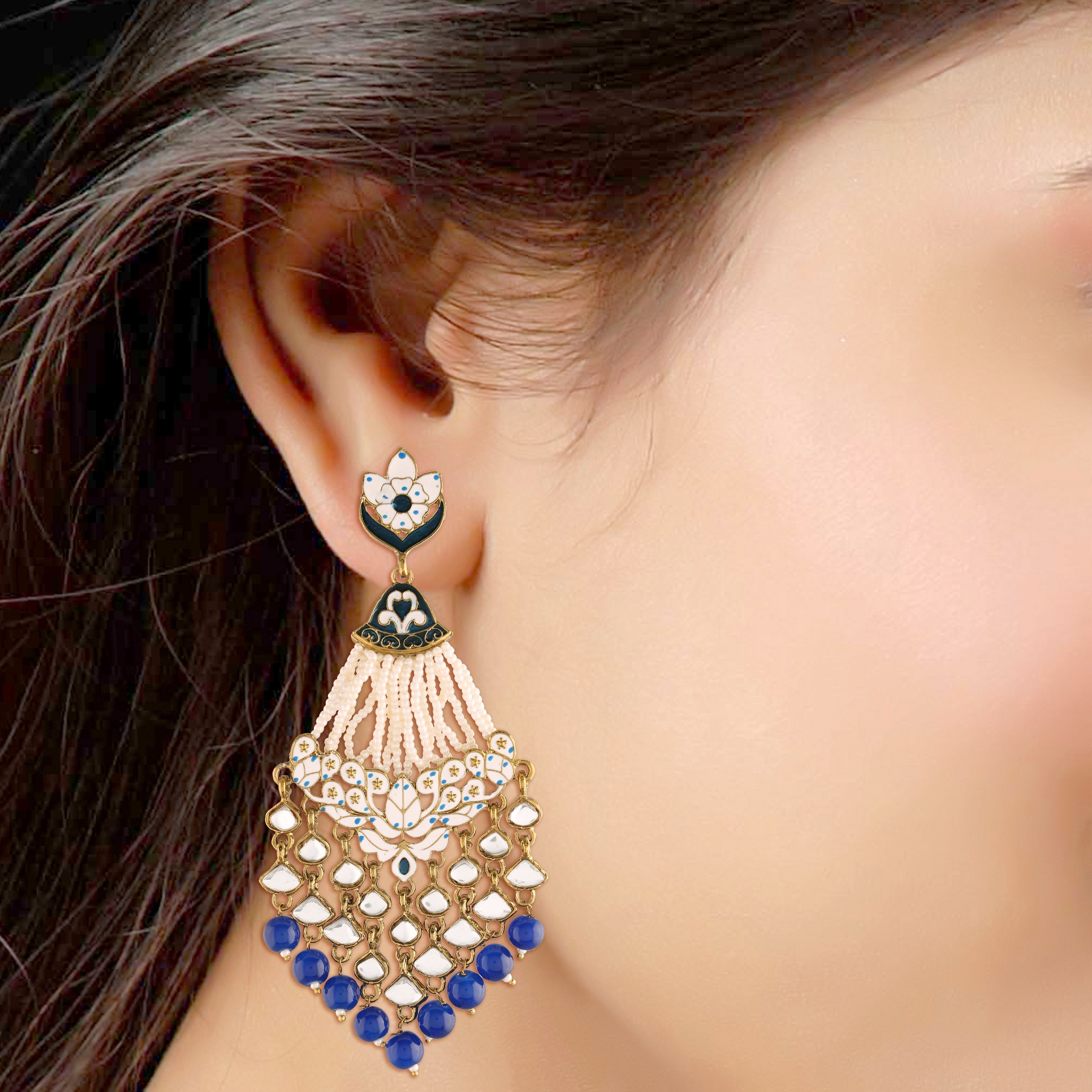 Women's  Blue Gold Plated Ethnic Meenakri Dangler Earrings Studded With Kundan