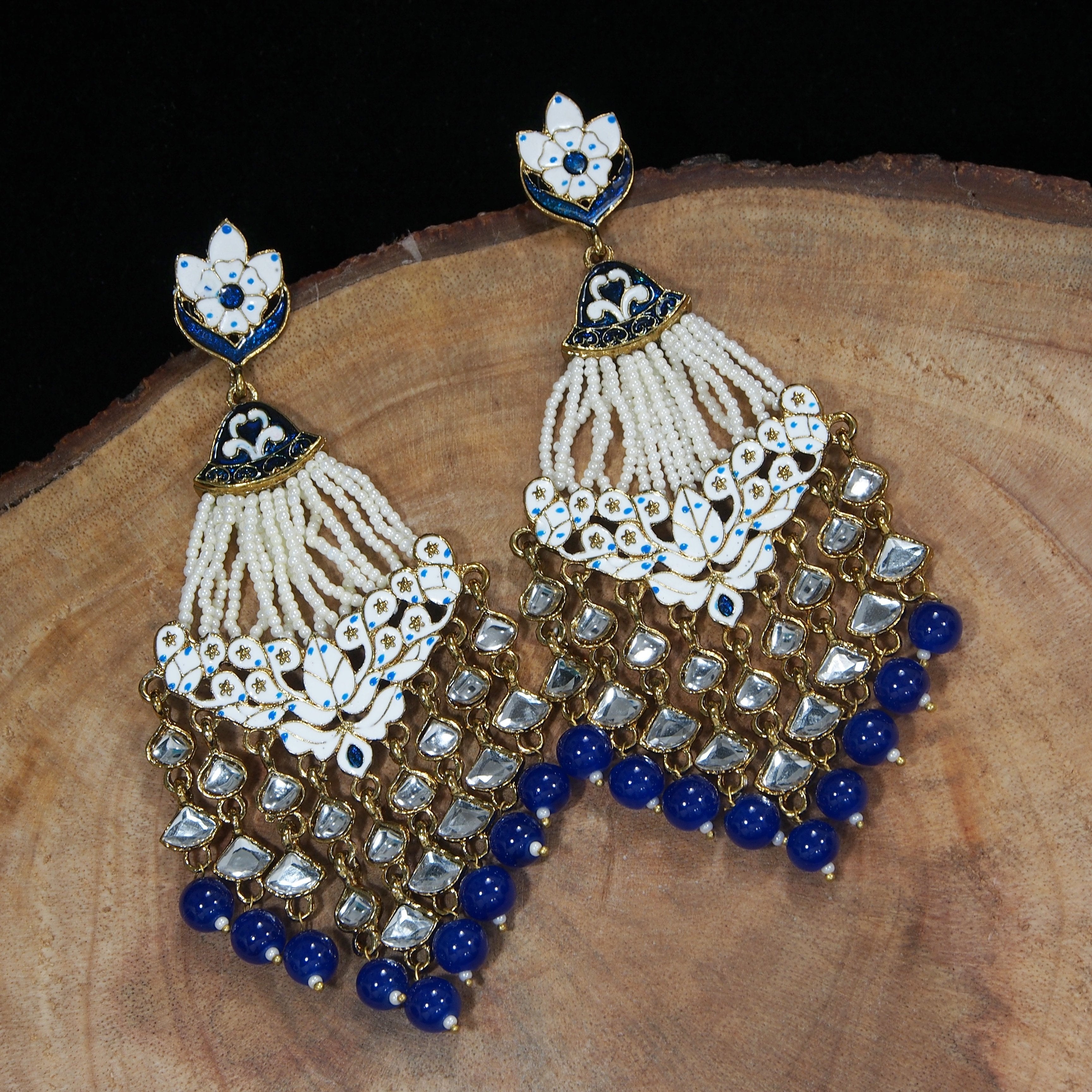 Women's  Blue Gold Plated Ethnic Meenakri Dangler Earrings Studded With Kundan