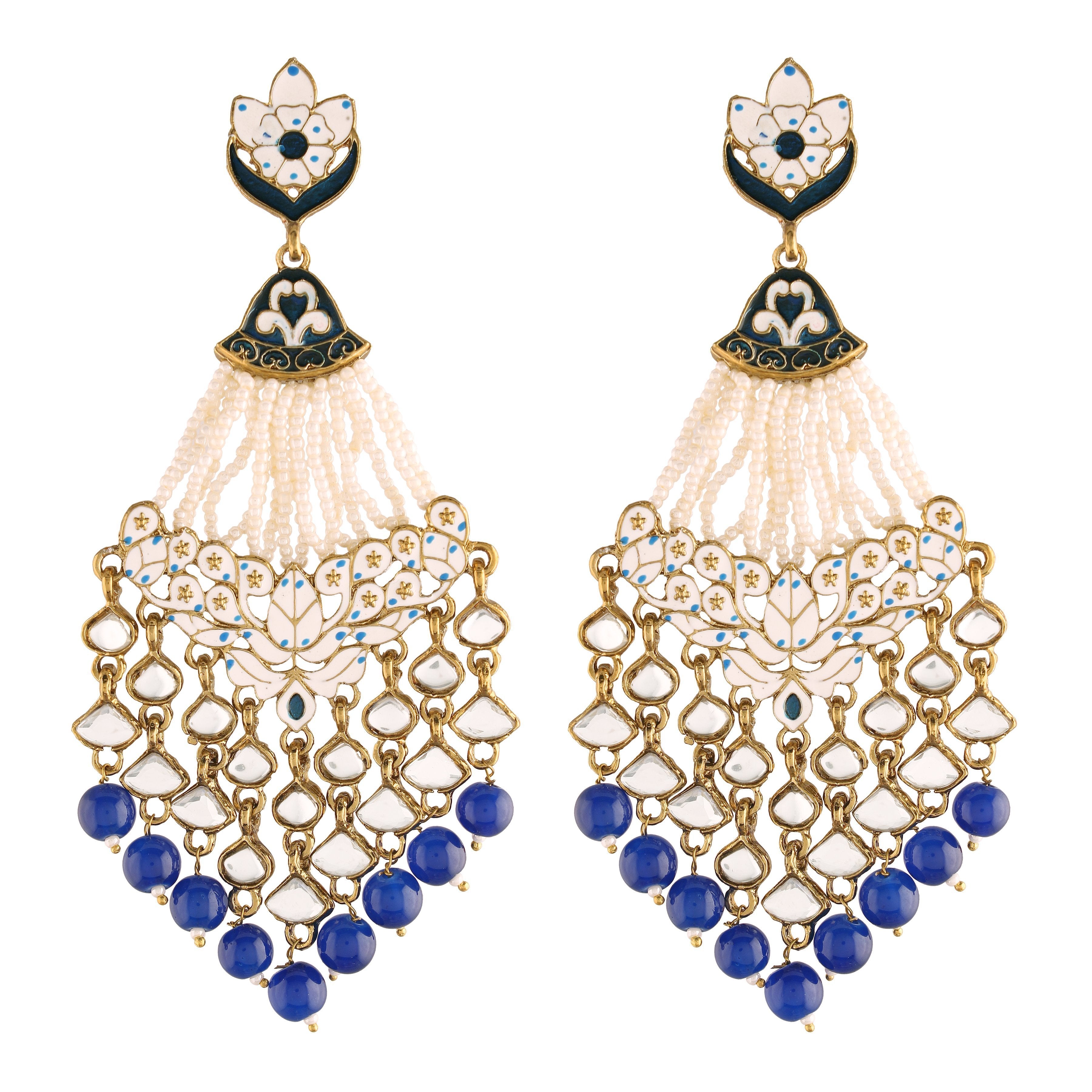 Women's  Blue Gold Plated Ethnic Meenakri Dangler Earrings Studded With Kundan