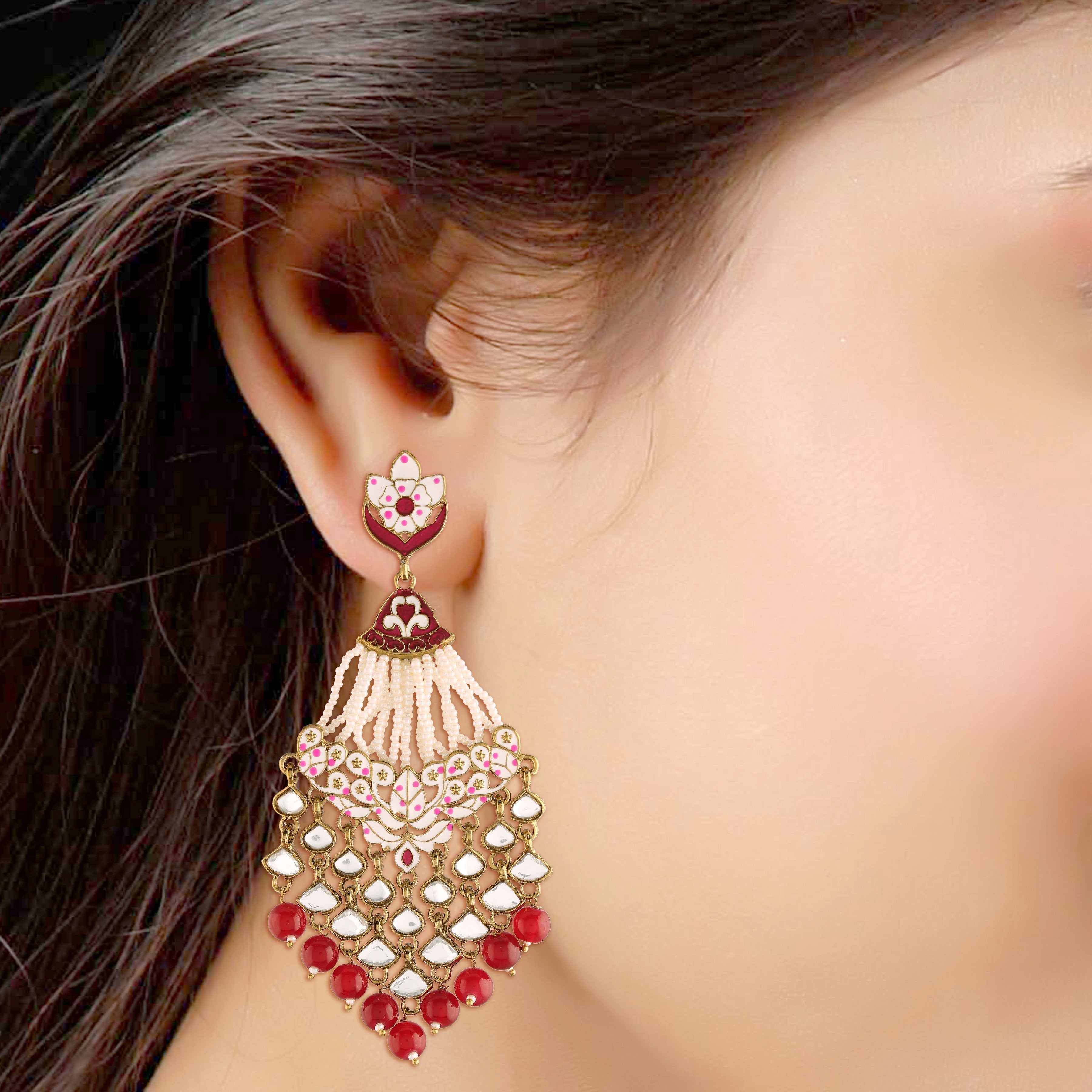 Women's Maroon Gold Plated Ethnic Meenakari Dangler Earrings Studded With Kundan