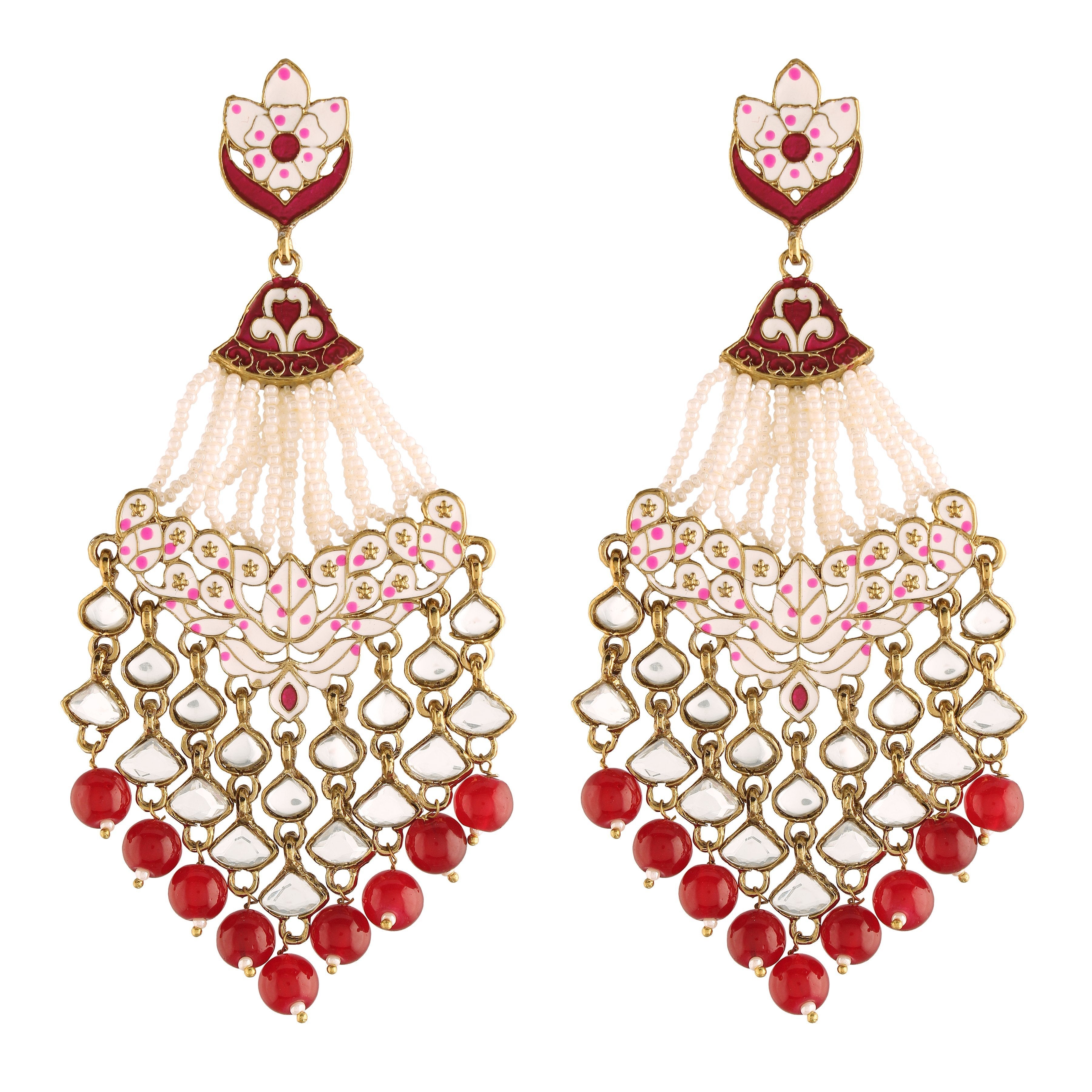 Women's Maroon Gold Plated Ethnic Meenakari Dangler Earrings Studded With Kundan