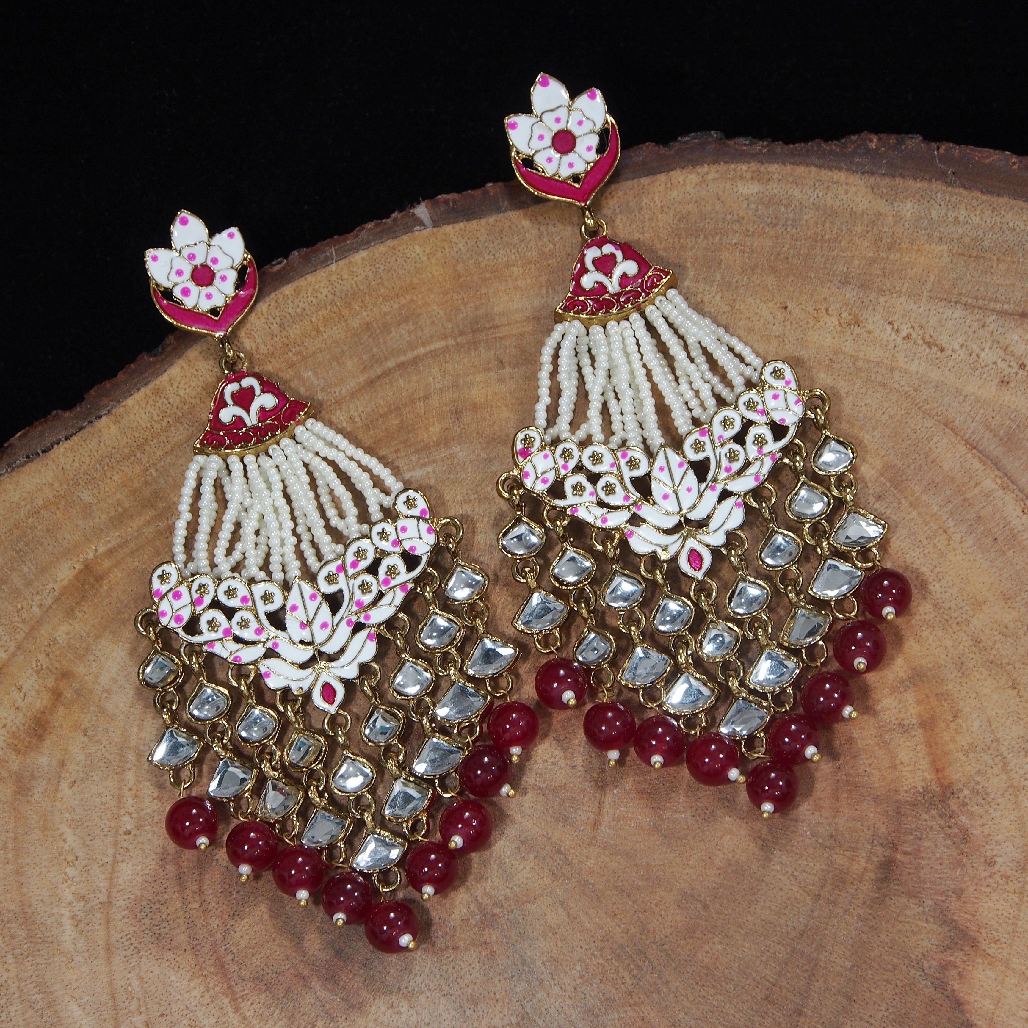 Women's Maroon Gold Plated Ethnic Meenakari Dangler Earrings Studded With Kundan