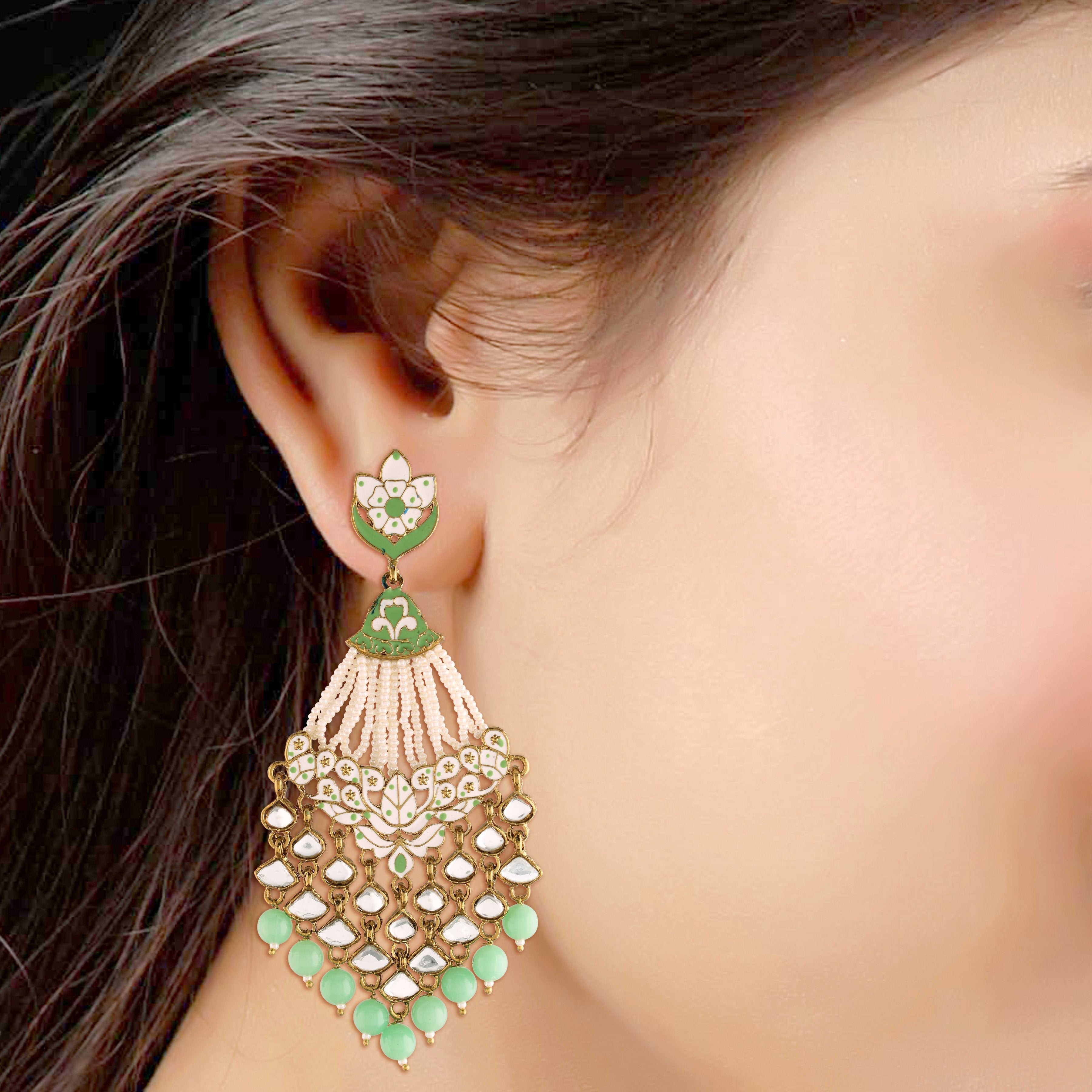 Women's Mint Gold Plated Ethnic Meenakari Dangler Earrings Studded With Kundan