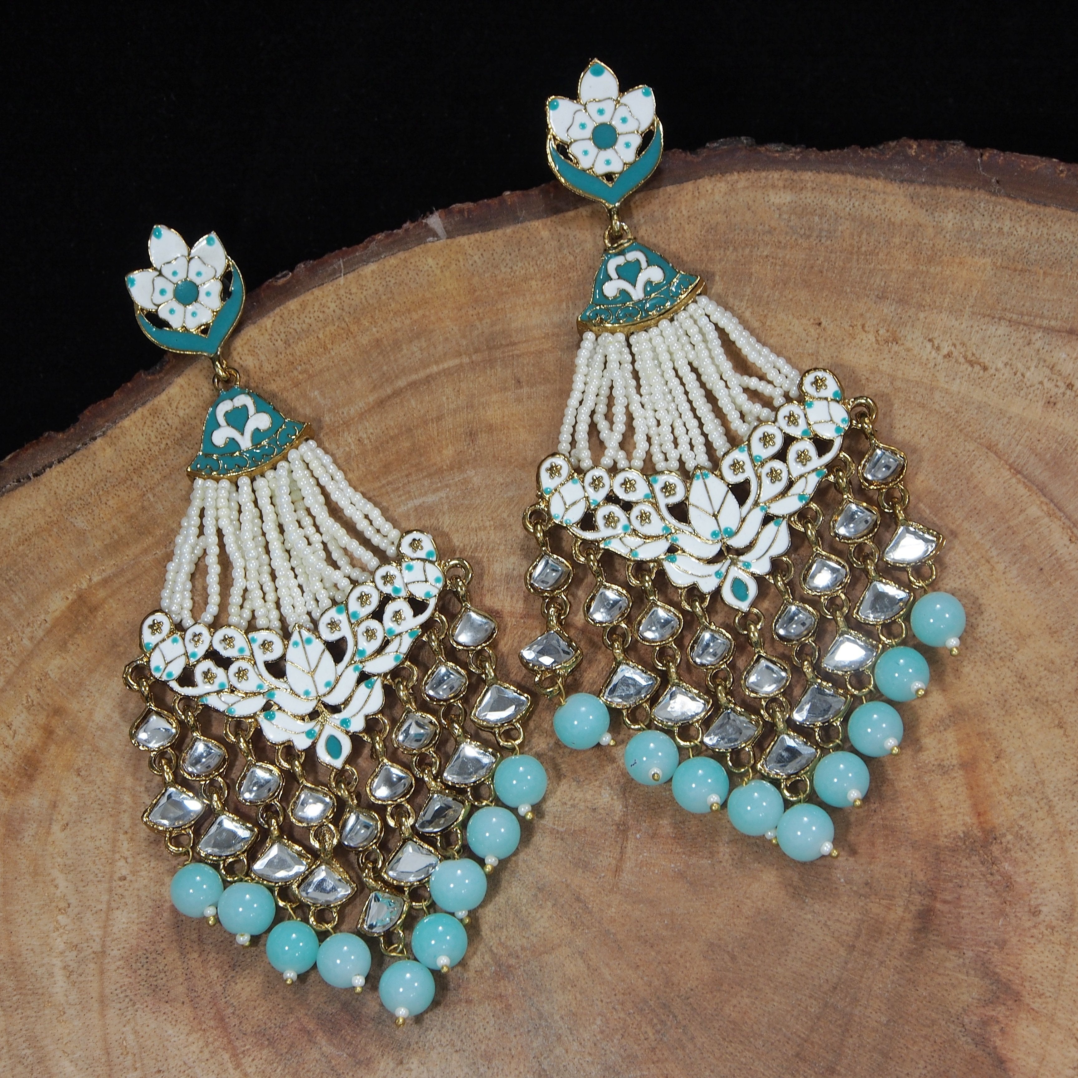 Women's Turquoise Gold Plated Handcrafted Meena Work Earring Glided With Kundan & Pearls