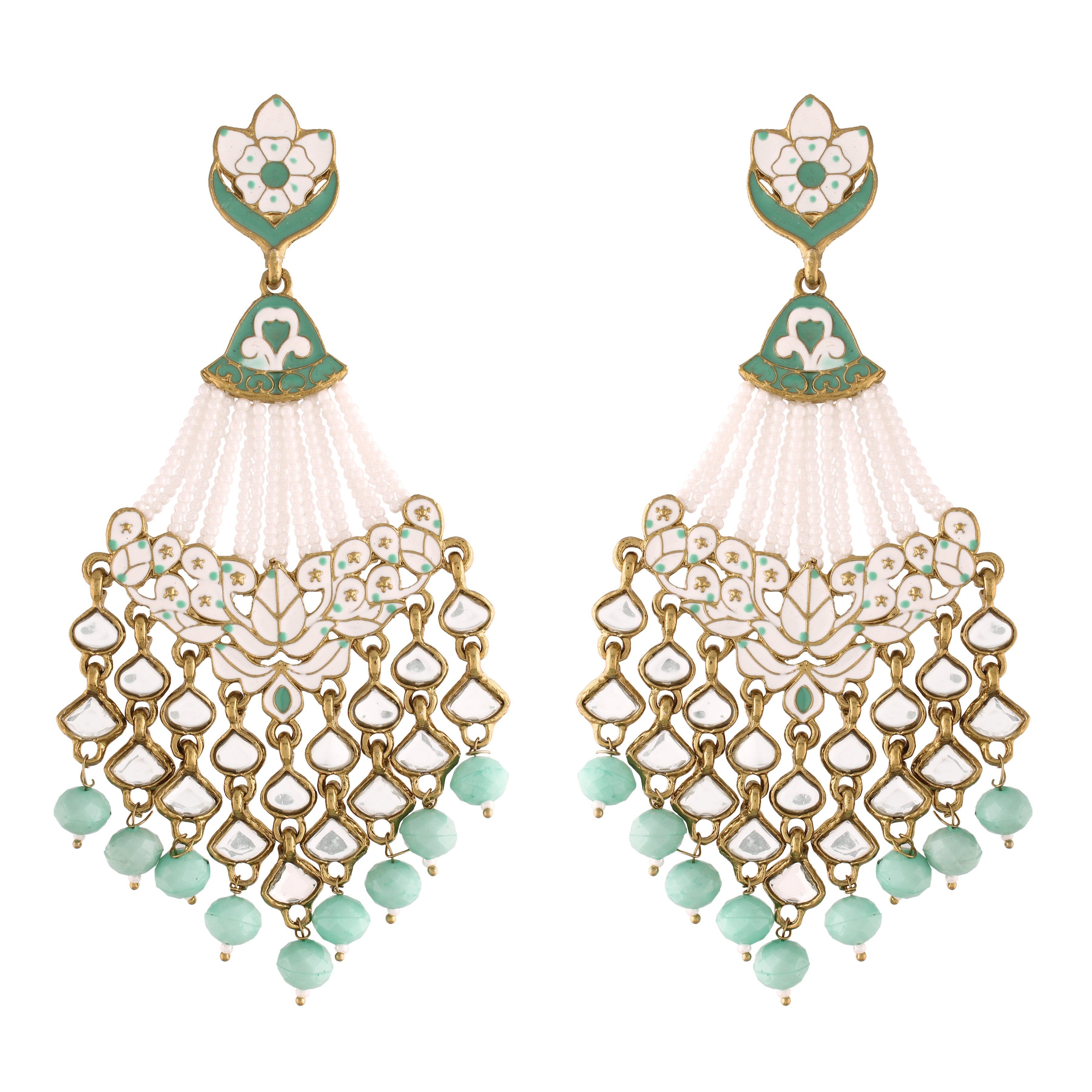 Women's Turquoise Gold Plated Handcrafted Meena Work Earring Glided With Kundan & Pearls