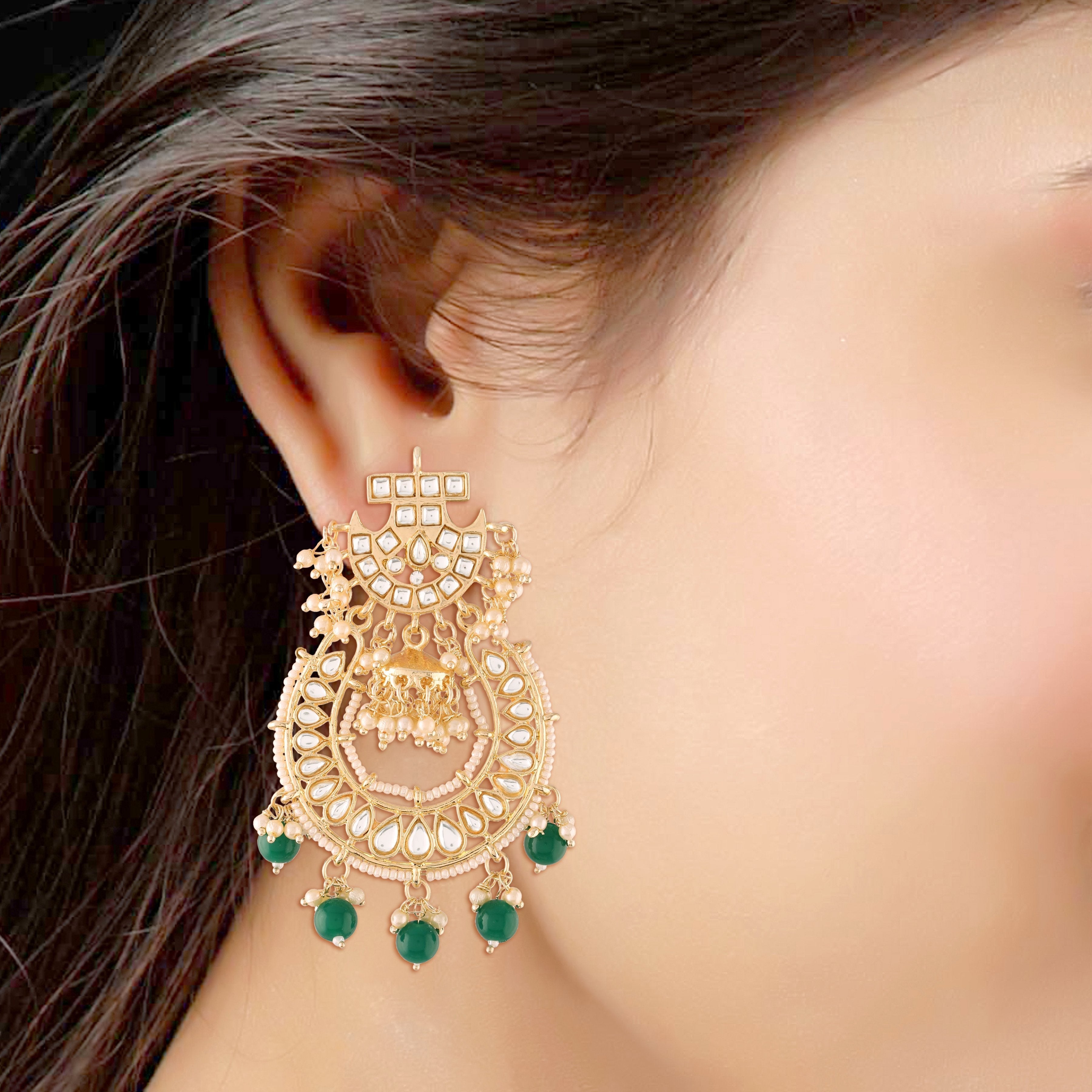 Women's  Gold Plated Kundan & Pearl Handcrafted Green Jhumki