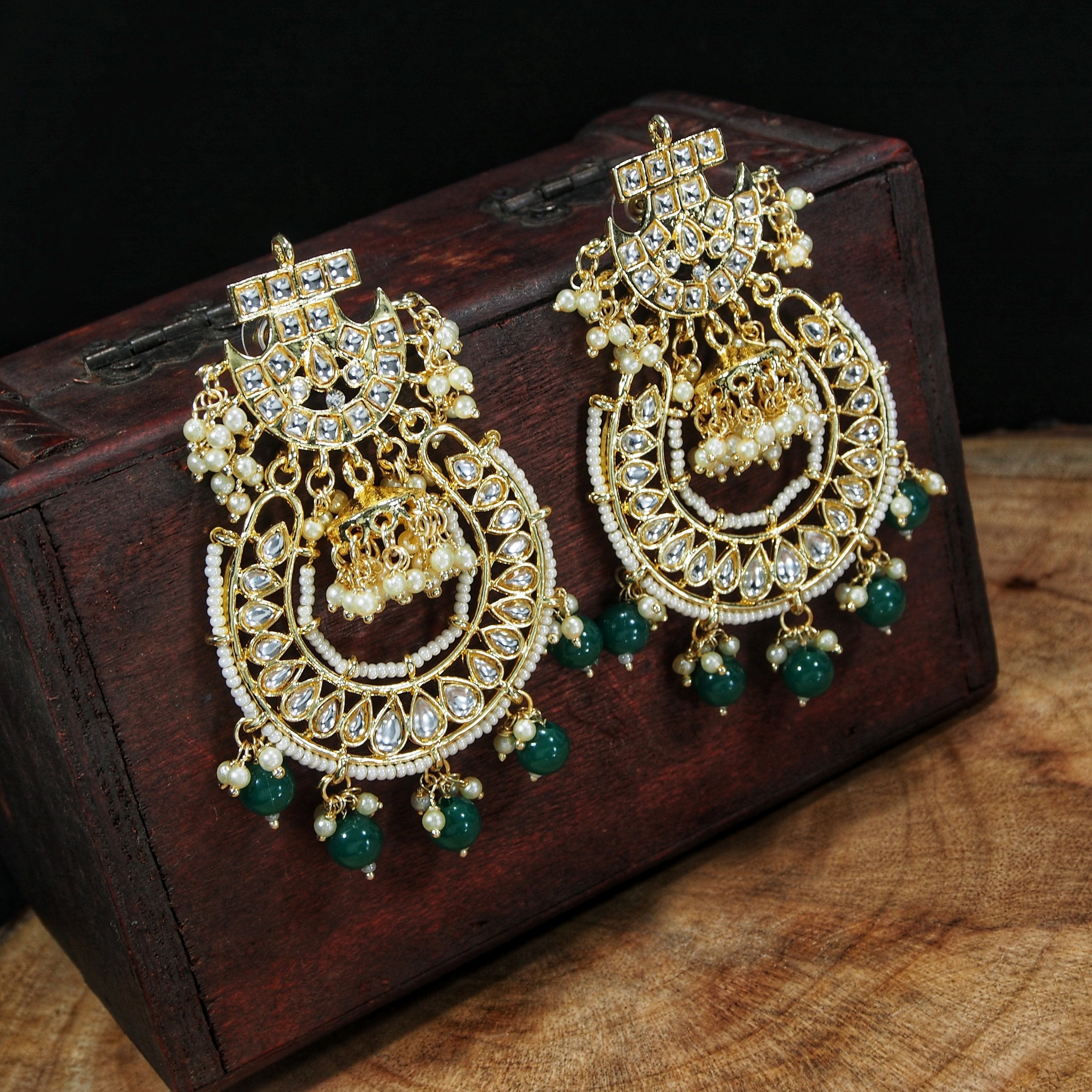 Women's  Gold Plated Kundan & Pearl Handcrafted Green Jhumki