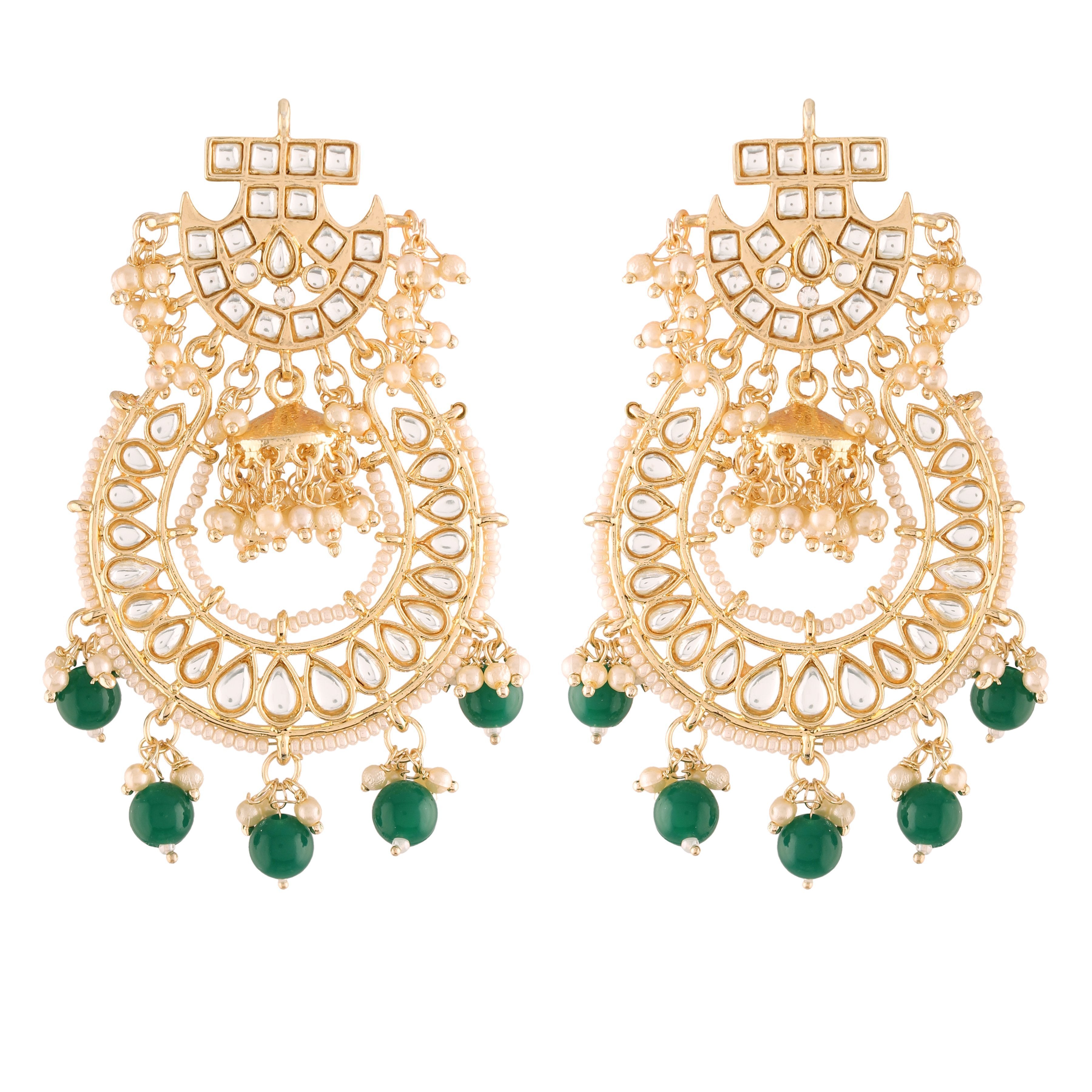 Women's  Gold Plated Kundan & Pearl Handcrafted Green Jhumki