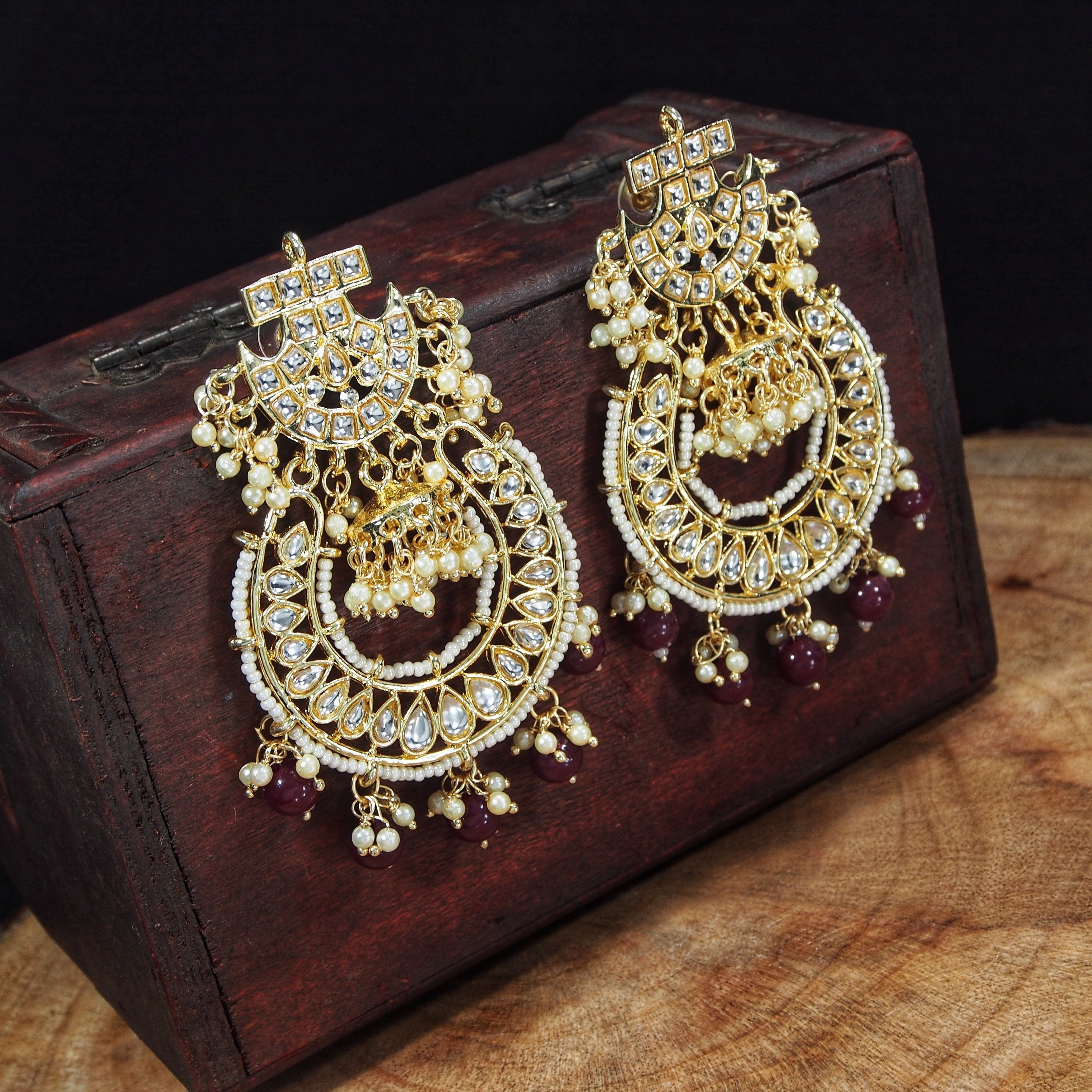 Women's  Gold Plated Kundan & Pearl Traditional Handcrafted Maroon Jhumki
