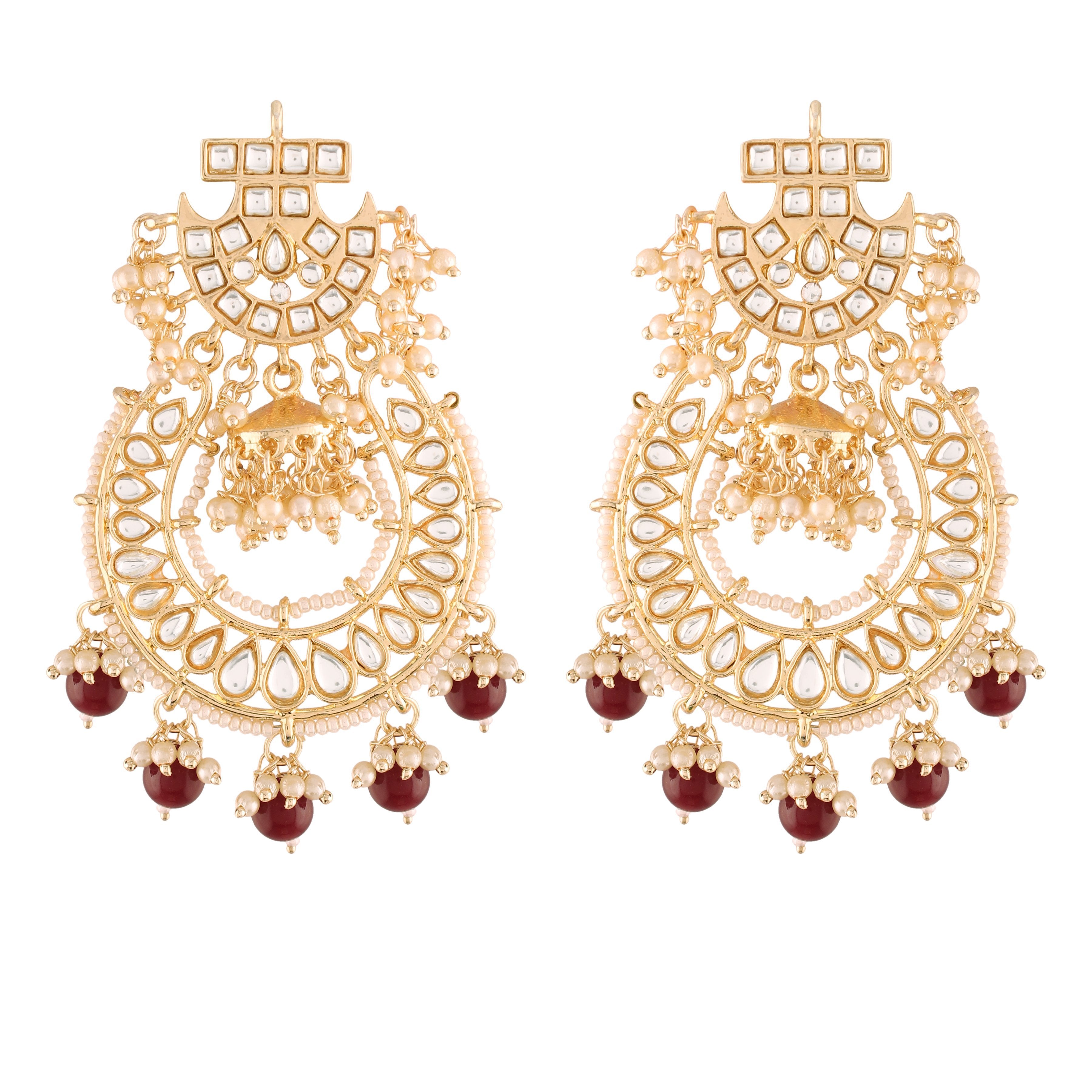 Women's  Gold Plated Kundan & Pearl Traditional Handcrafted Maroon Jhumki